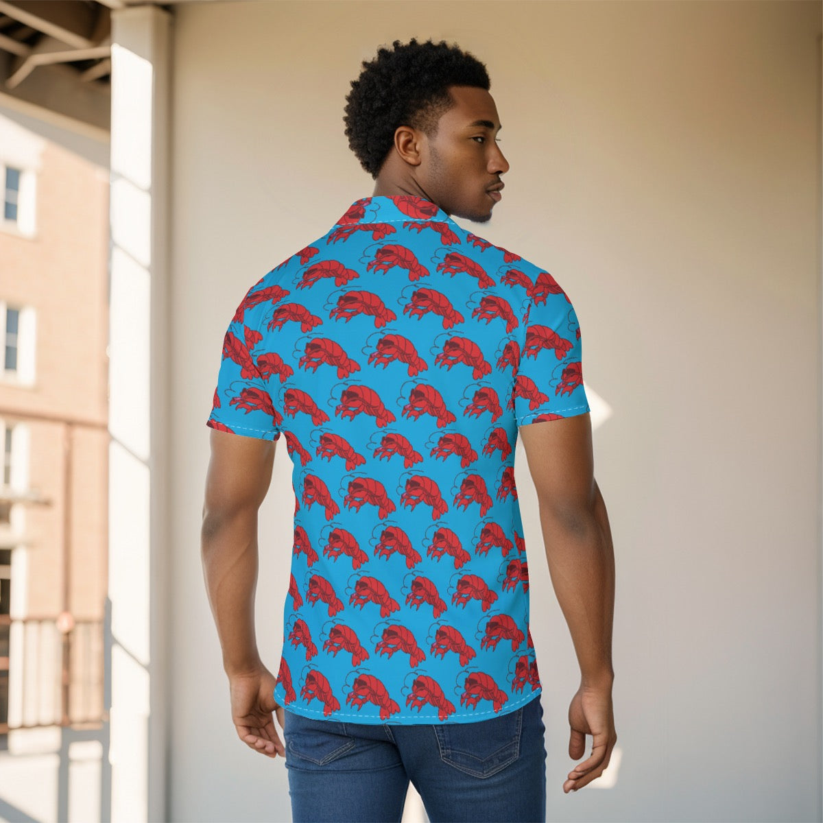 Blue Men's Button-Up Shirt with Smoking Lobster Print - Fun Cruise Style