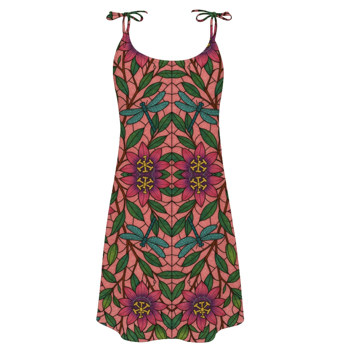 Inside The Fairy Portal All-Over Print Women's Tie Dress Stained-glass Dragonfly Passion Flower