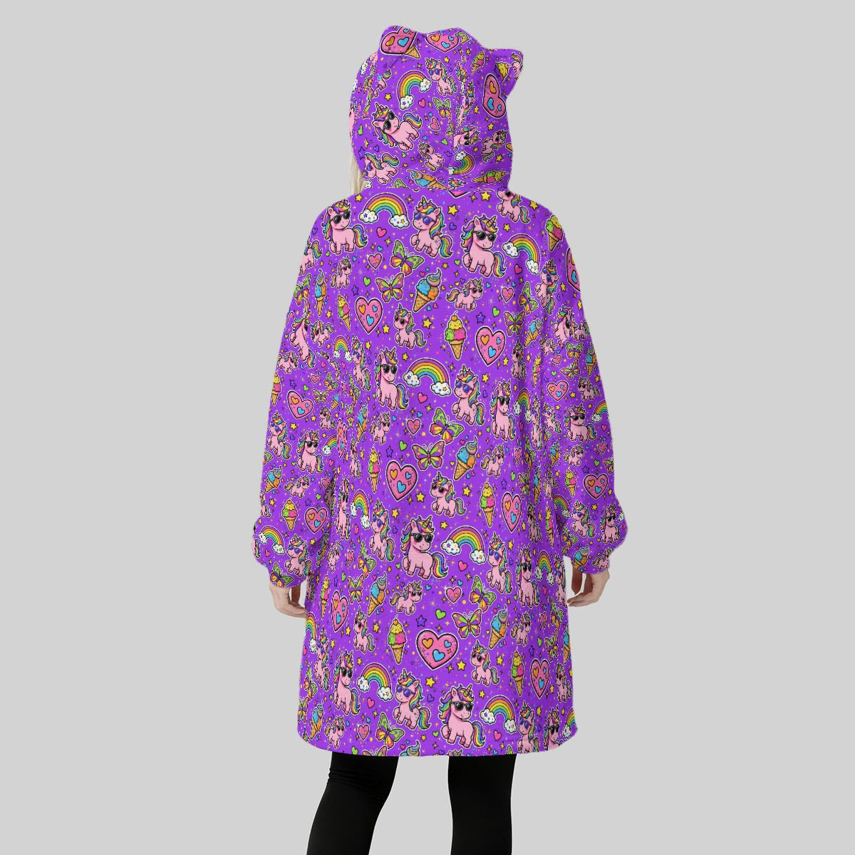 Women's Purple Unicorn Blanket Hoodie – Fun Fantasy Print Oversized Fleece Wearable Blanket with Cat