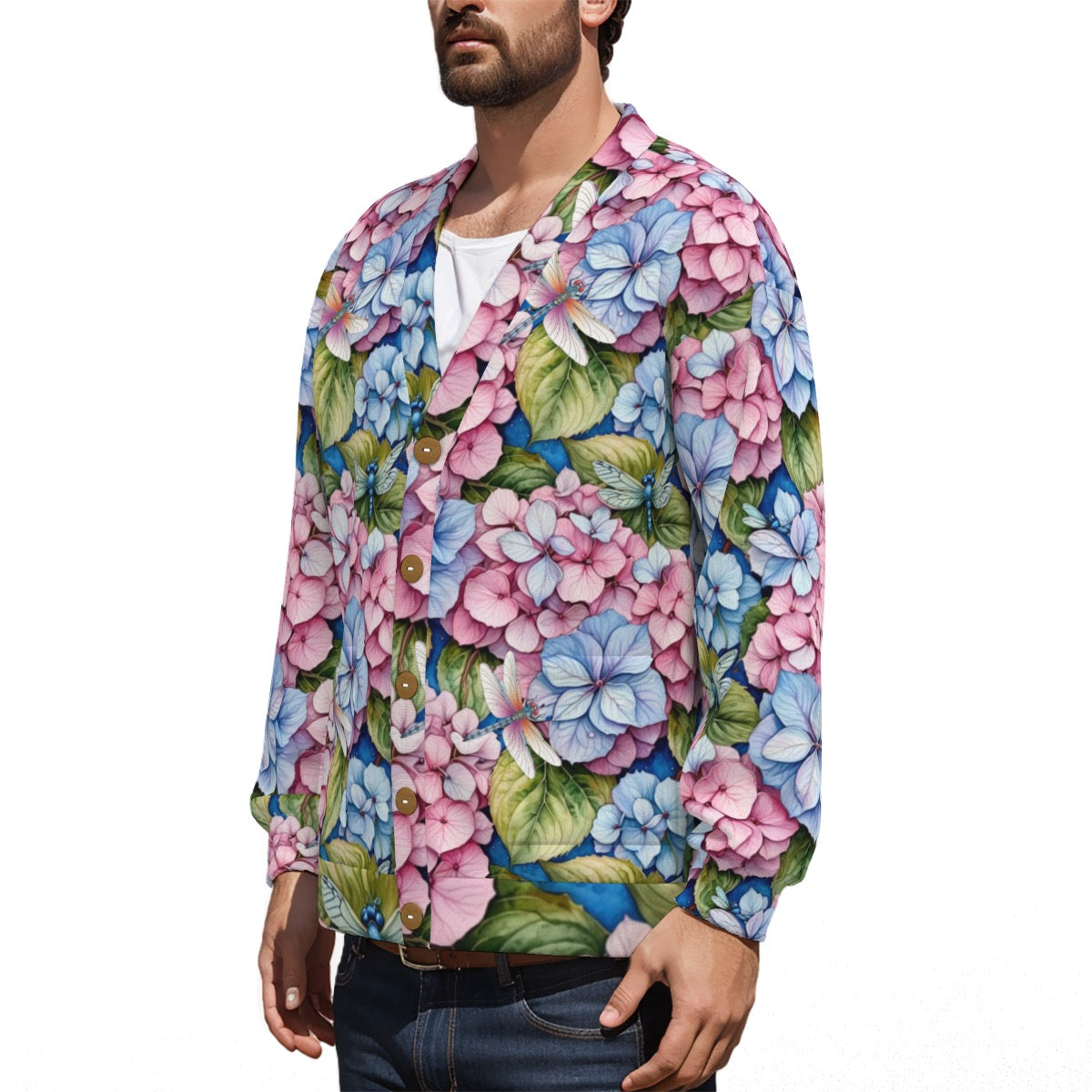 Unisex Garden Hydrangea Dragonfly V-Neck Hacci Fleece Cardigan with Floral Gardening Pattern