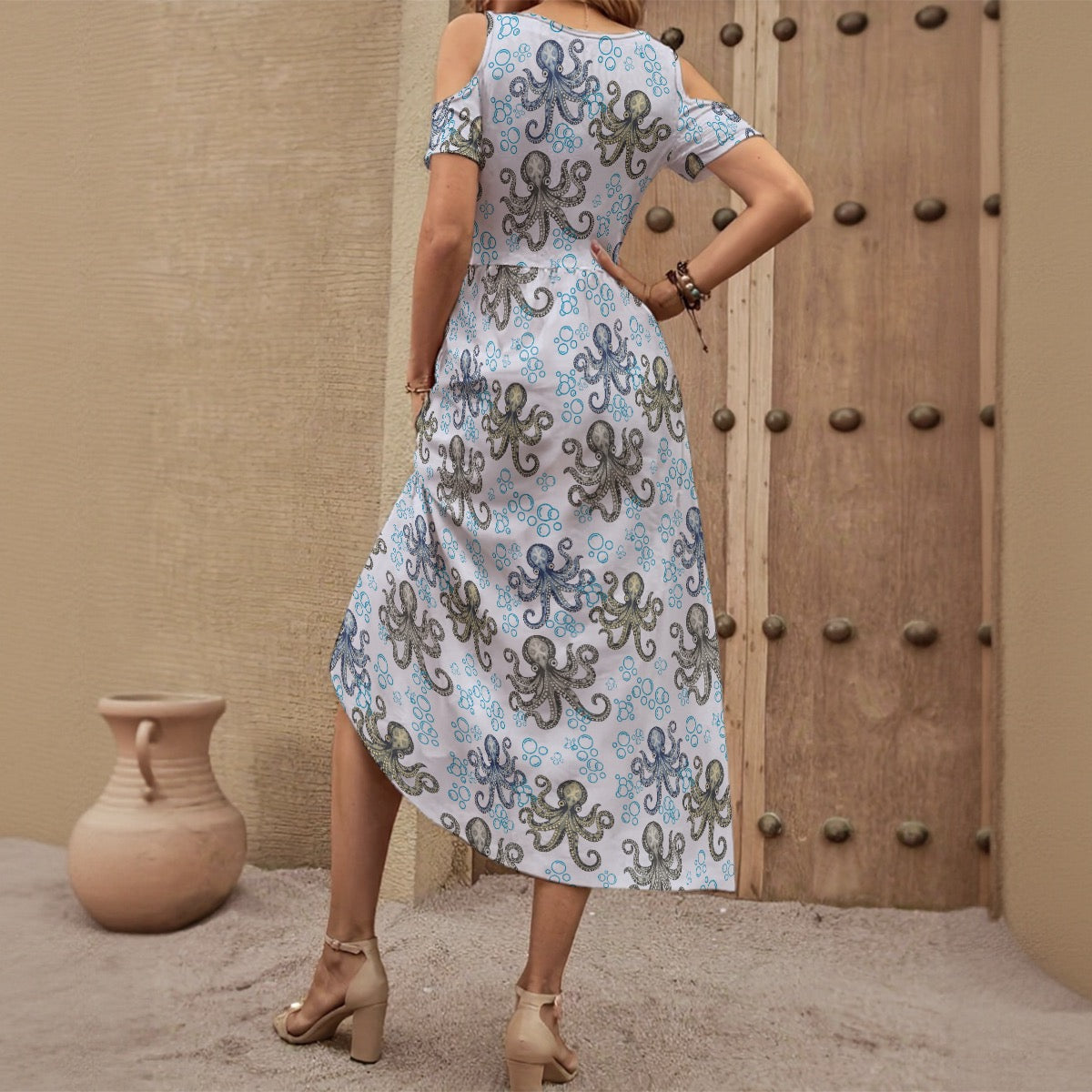 Peekaboo Shoulder Ocean Maxi Dress Octopus & Bubble Print Vacation Dress With Pockets