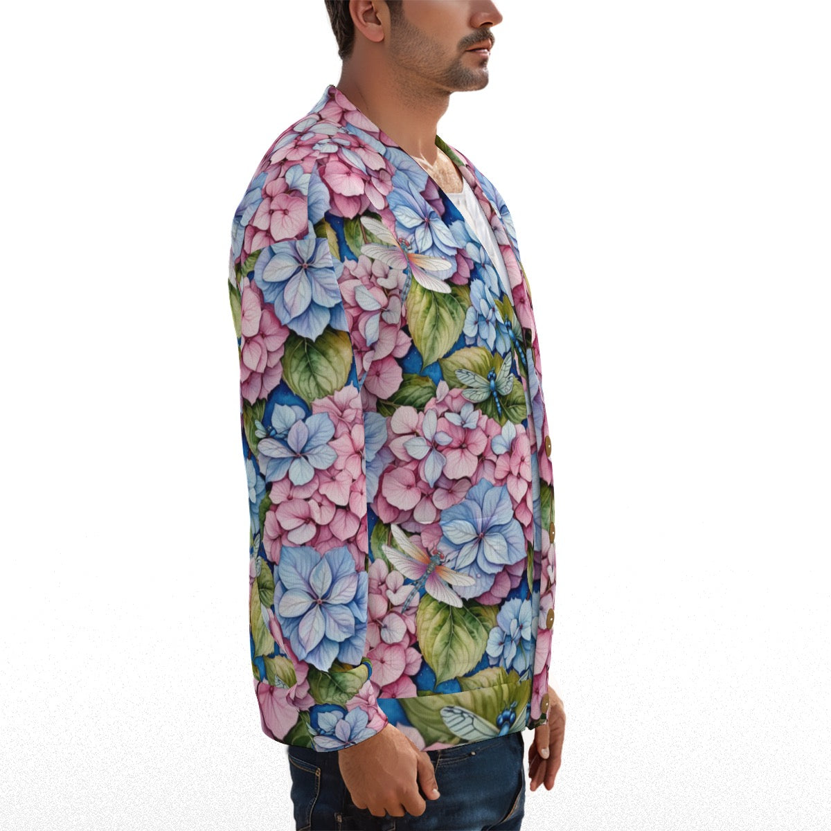 Unisex Garden Hydrangea Dragonfly V-Neck Hacci Fleece Cardigan with Floral Gardening Pattern