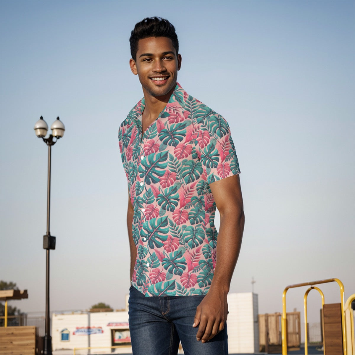 Men's Button-Up Shirt Pink Green Leaf Garden Print Breathable Stretch Fabric