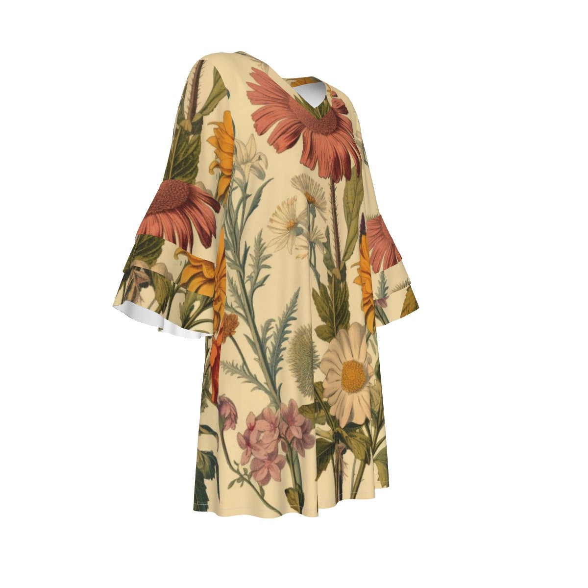 Fall Floral Hippie All-Over Print Women's Stacked Ruffle Sleeve Dress