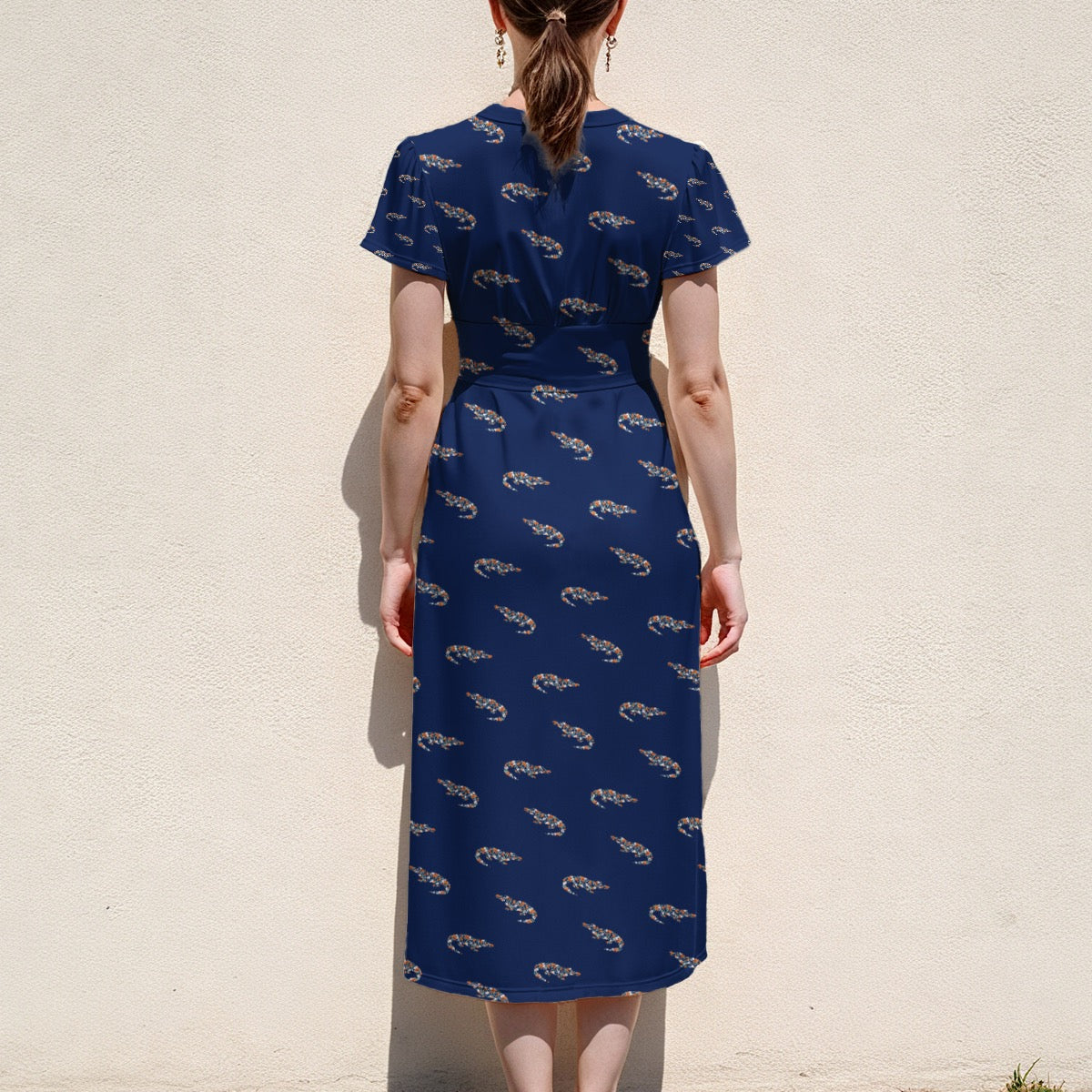 Women’s Florida Gators Inspired Dark Blue Floral Midi Dress V-Neck Flutter Sleeve Fan Dress