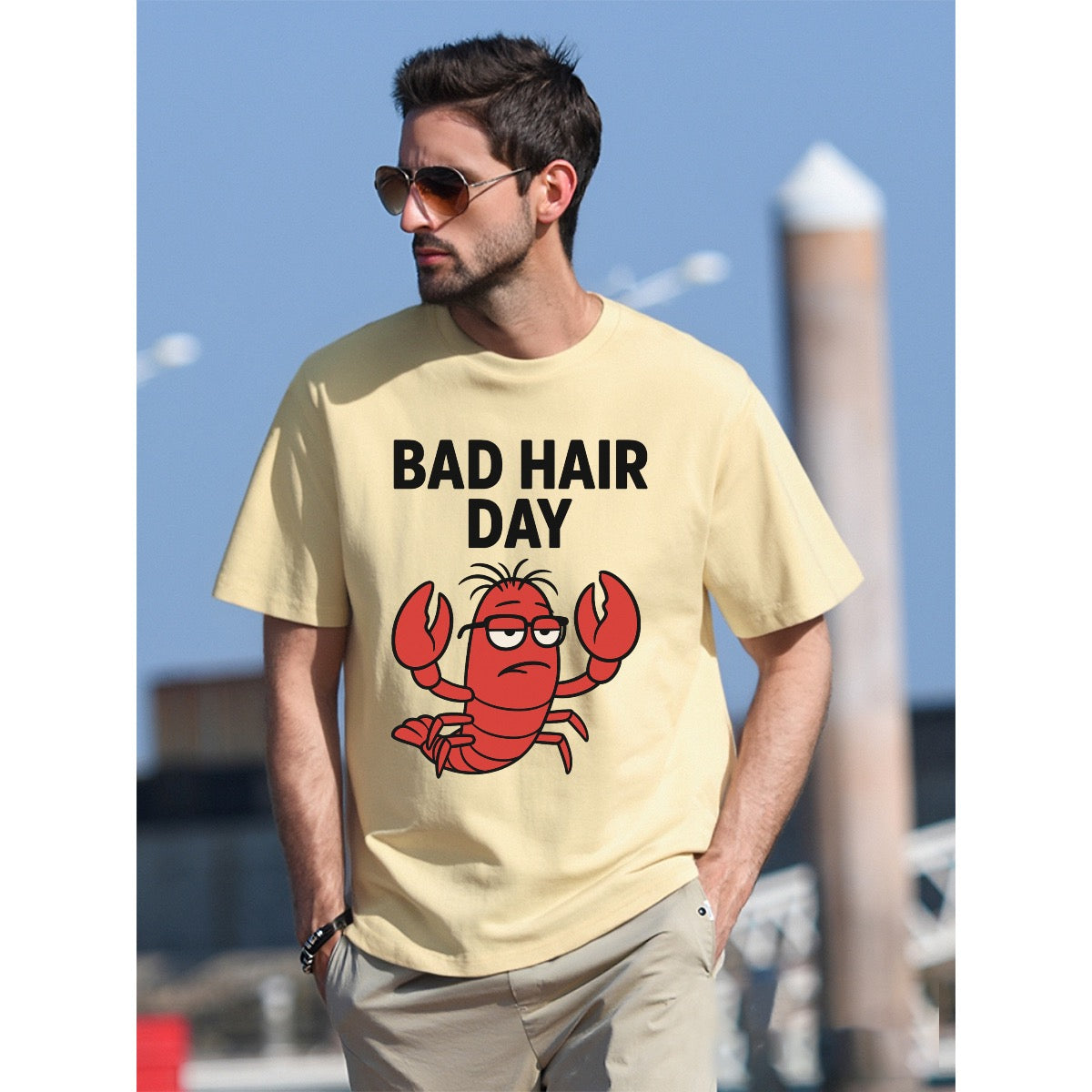 Men's Bad Hair Day Lobster Funny Meme T-Shirt, USA Flag Design, 180GSM Soft Cotton Tee