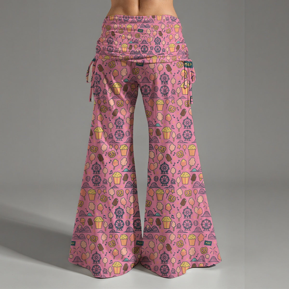 Women's High Waist Wide Leg Pants Pink Theme Park Travel Snacks Yoga Cotton Candy Pretzel Pattern
