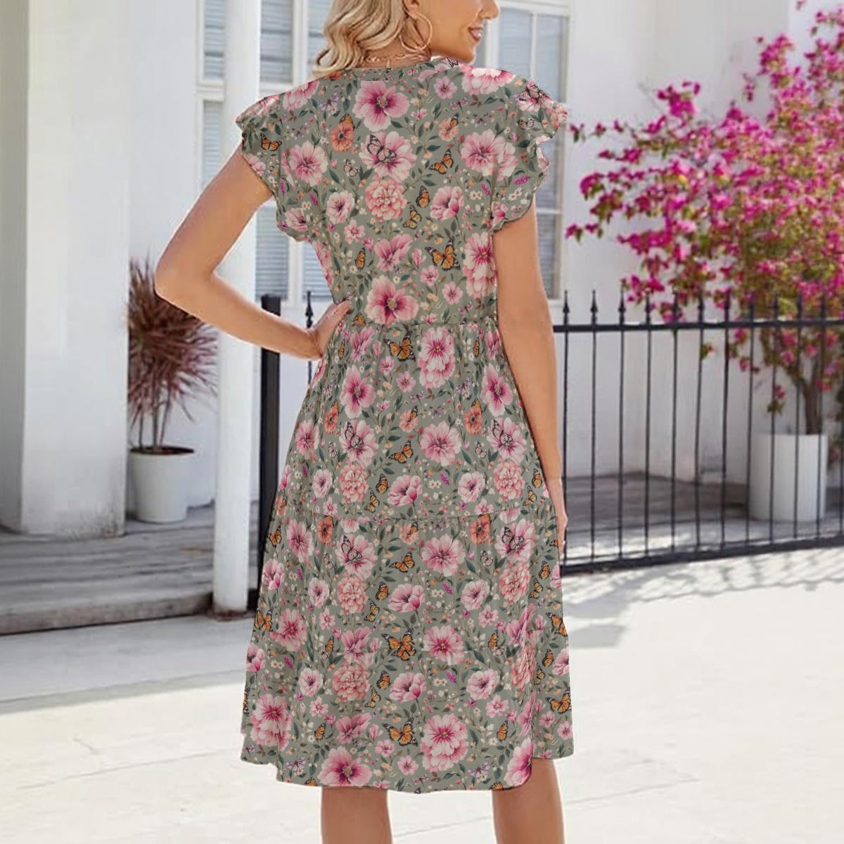 Grey Floral & Monarch Butterfly Dress with Pockets | Super Stretchy Women’s Dress
