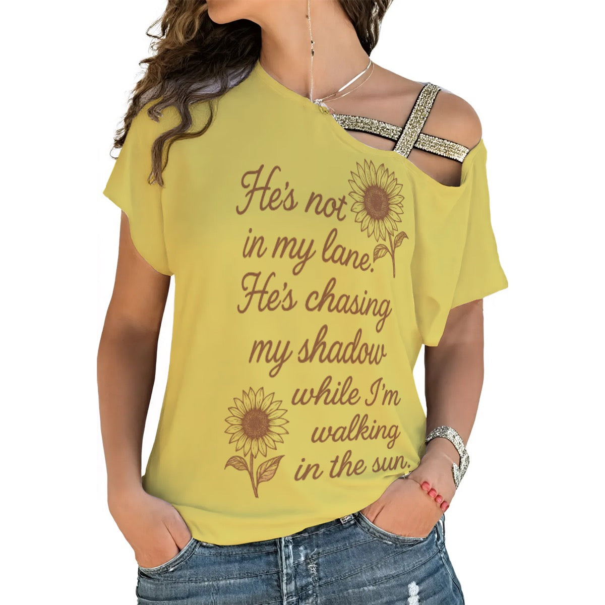 Women's Yellow Sunflower Inspirational Quote T-Shirt Casual Off Shoulder Shirt for Everyday Wear