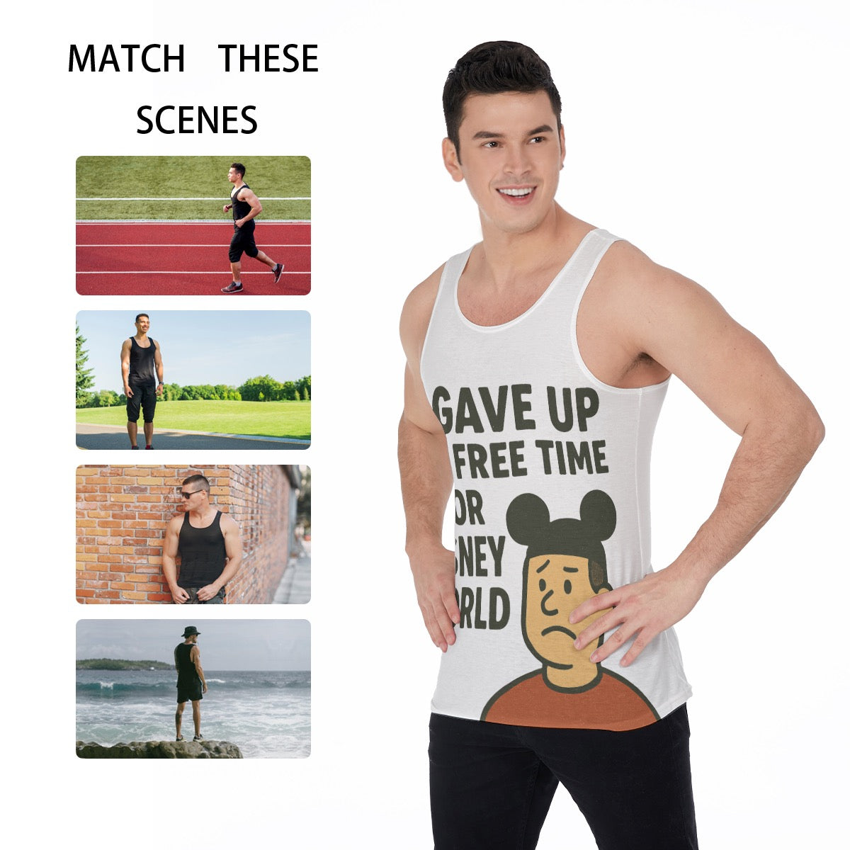 Men's Funny Tank Top with 'I Gave Up My Free Time for Disney World' Meme Print Hilarious Tee