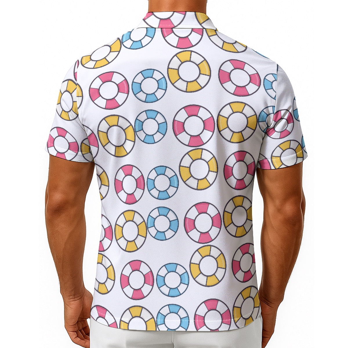 Men's Hawaiian Shirt With Button Closure Pink Yellow Blue Swim Ring Pattern Lightweight Cruise Shirt