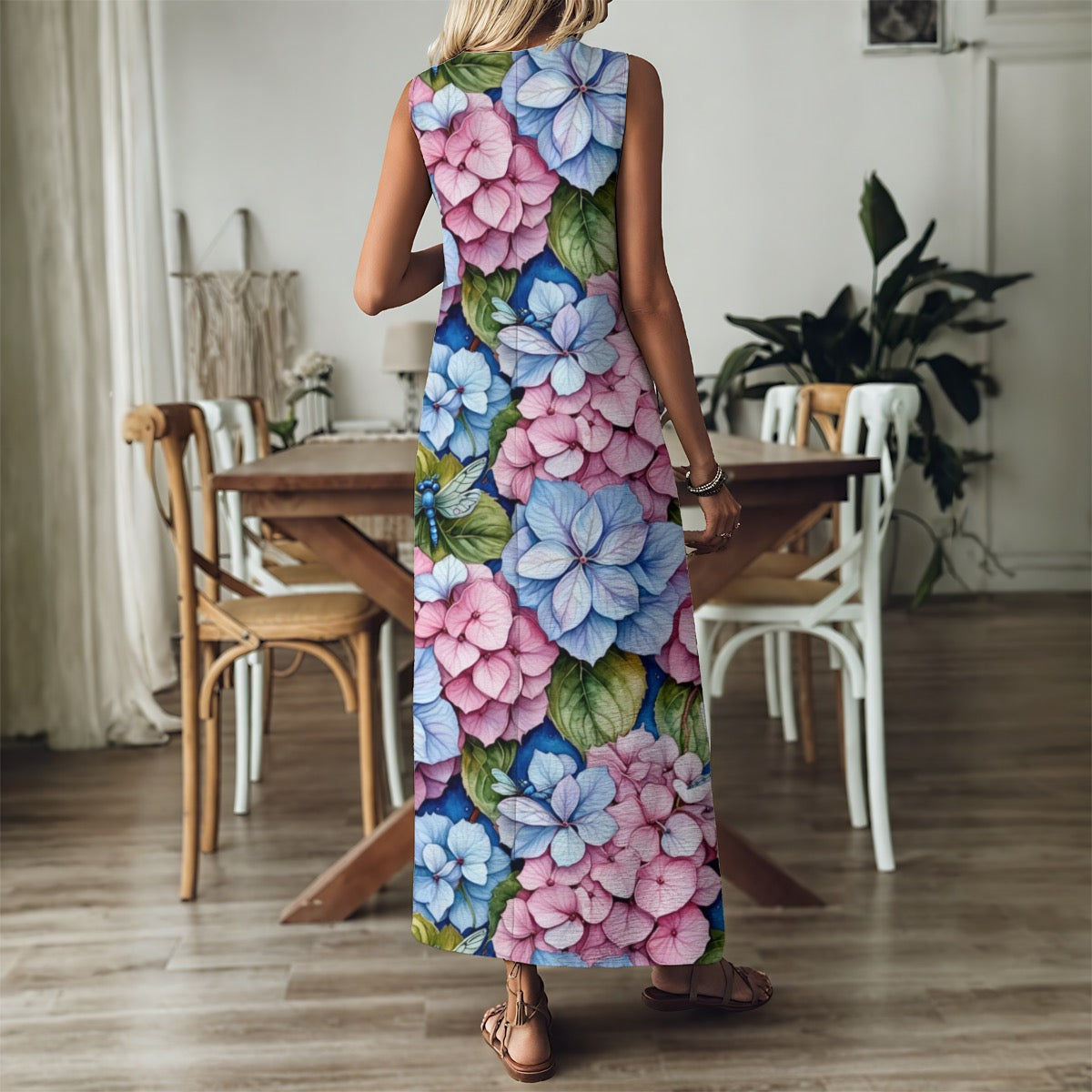Garden Hydrangeas Dragonfly Flower All-Over Print Women's Gardening Floral V-Neck Long Dress