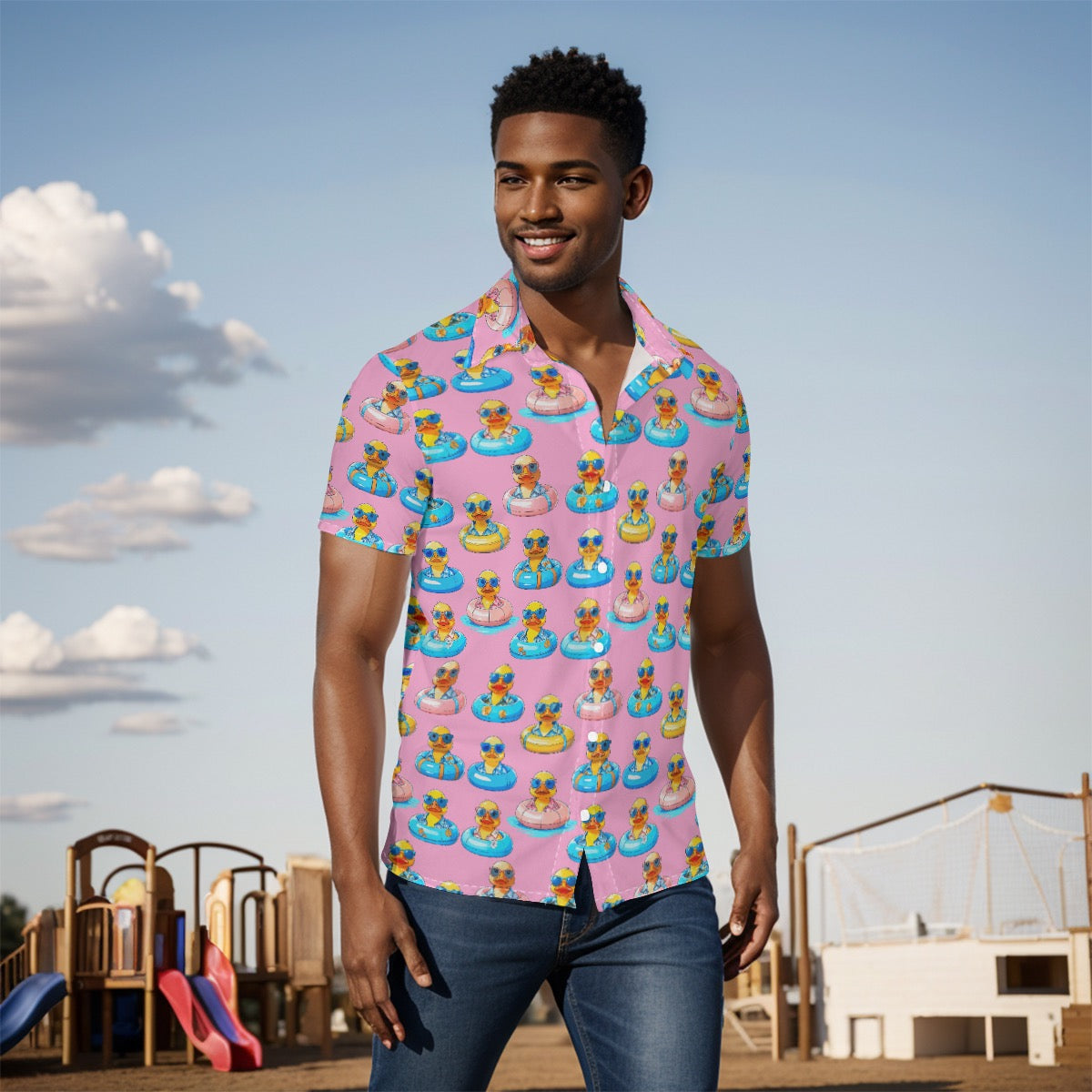 Pink Rubber Duckie 80s Style Men's Button Up Shirt - Matching Vacation Look