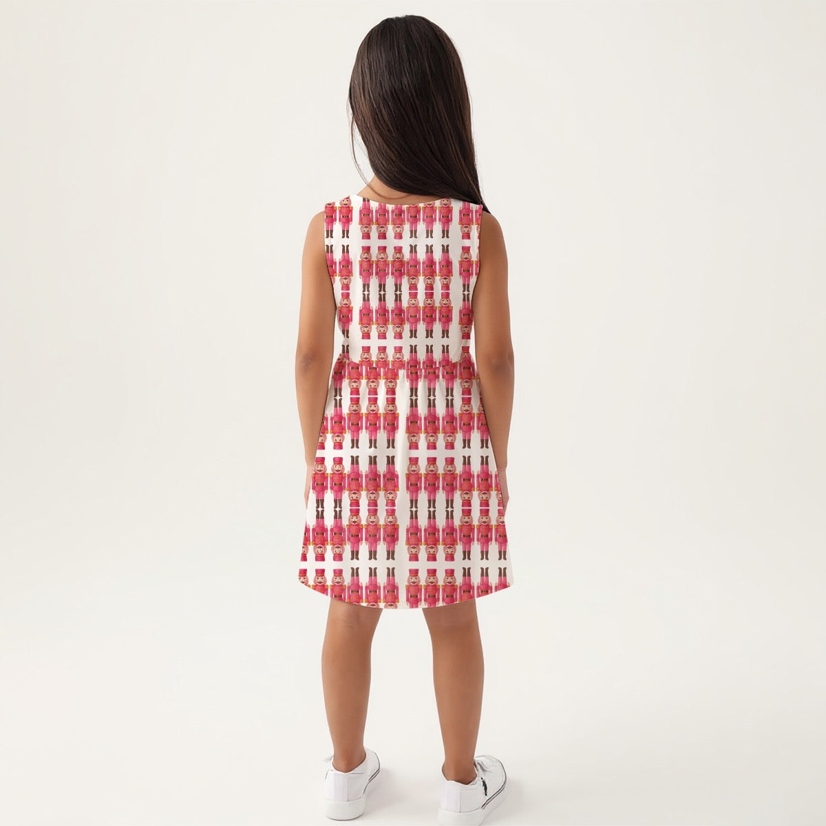 Girls Hot Pink & White Nutcracker Print Sleeveless Dress Soft Stretchy Milk Silk Fabric Christmas