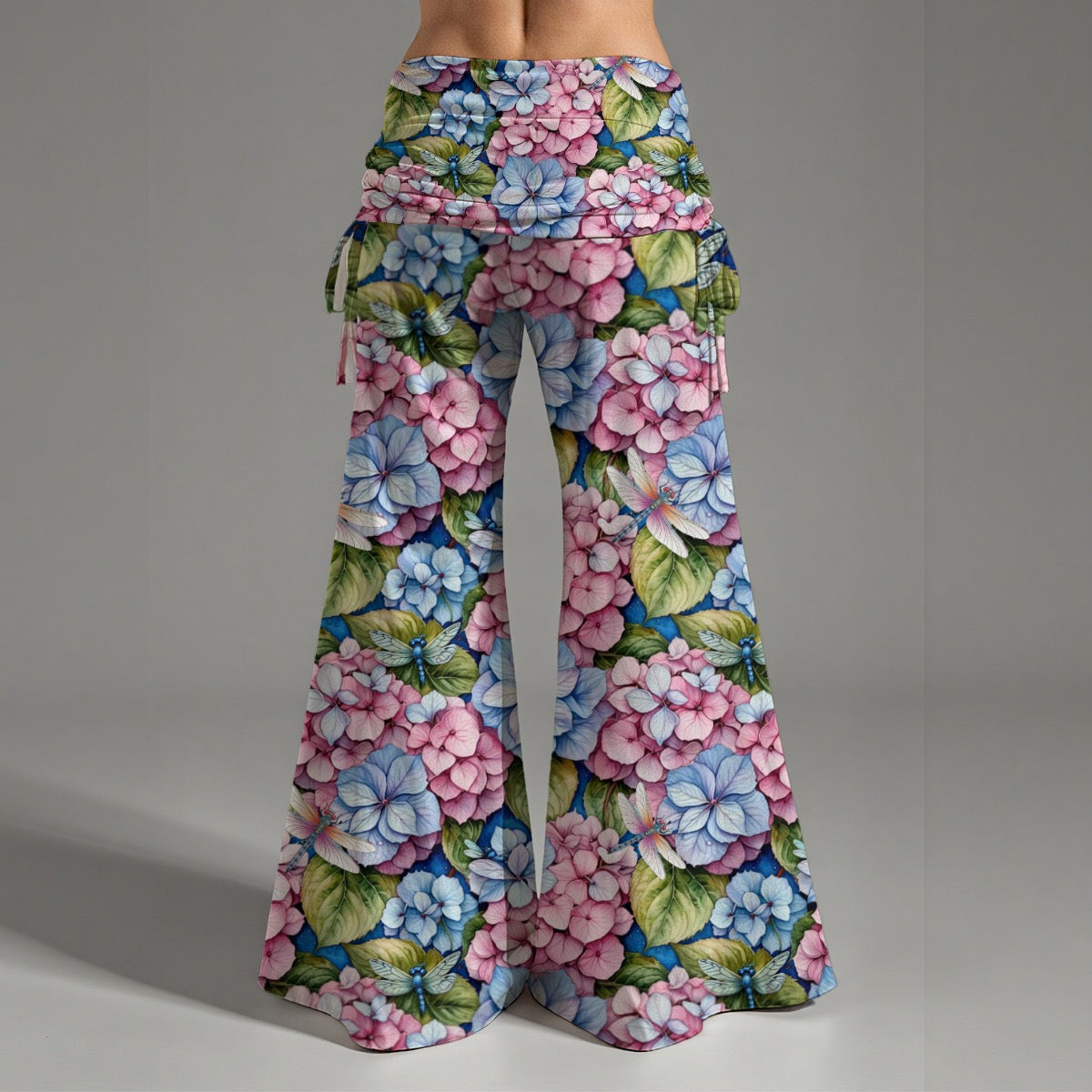 Women's Hippie Flare Pants with Hydrangeas Dragonfly Print High Waist Wide Leg Stylish Leggings