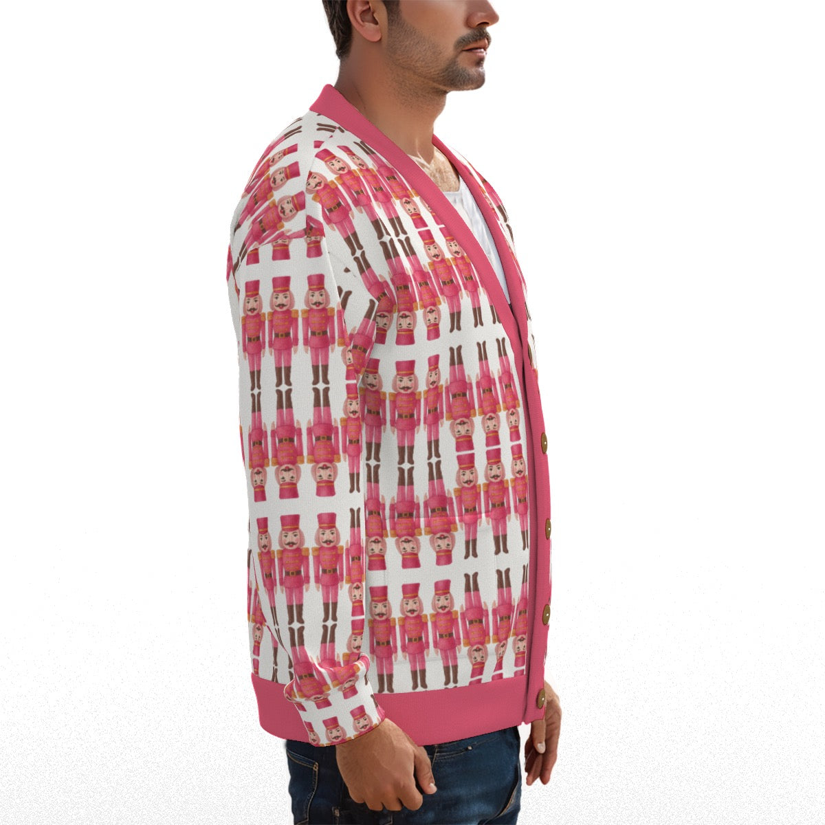 Unisex V-Neck Fleece Cardigan Pink Mustache Nutcracker Print - Warm Winter Ugly Christmas Sweater