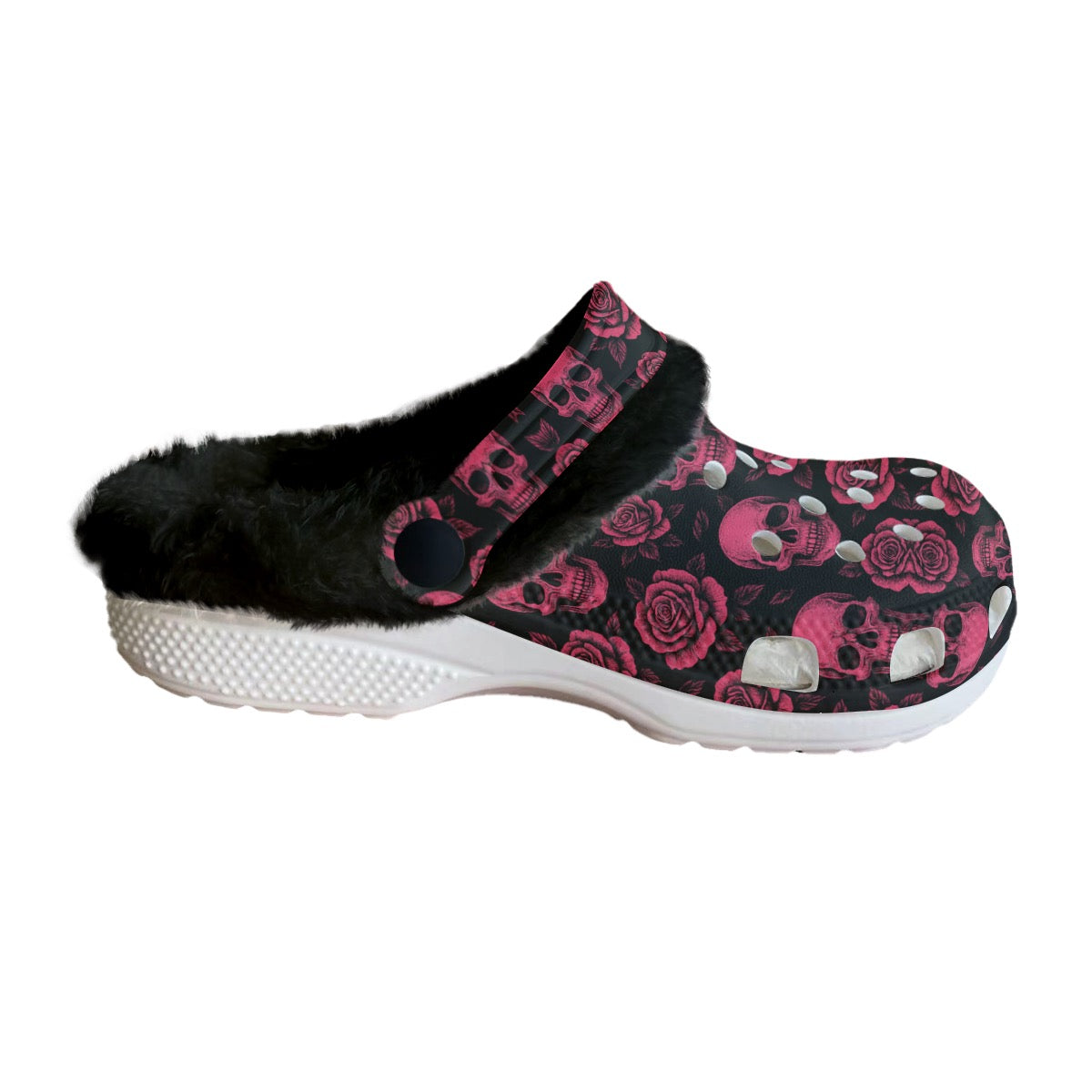 Pink Skull & Roses Women's Classic Clogs with Fleece Garden Design, Anti-Slip EVA