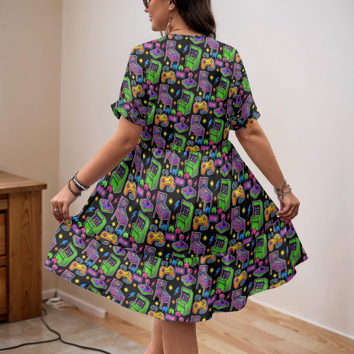 Women's Blacklight Retro Arcade Dress – Vintage Pinball Machine Gamer Print