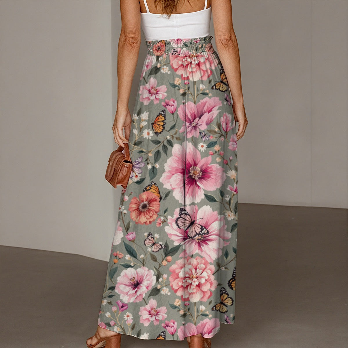 Butterfly & Floral Flare Pants Grey Bell Bottom Leggings with Pink Flowers