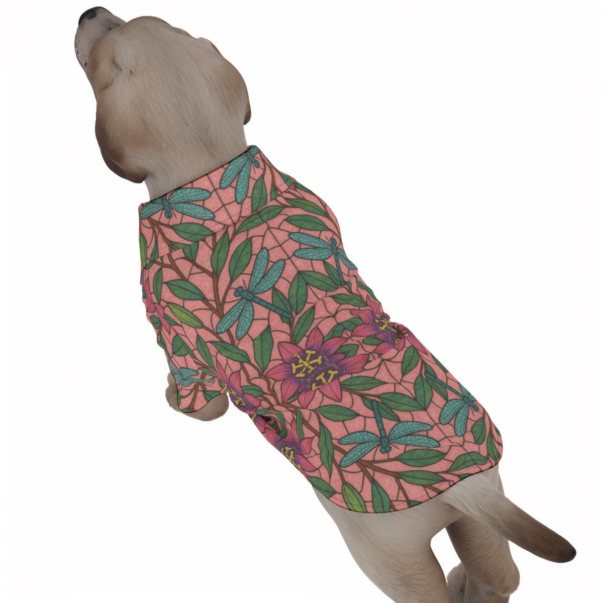 Pet's Hawaiian Shirt Stained Glass Passion Flowers and Dragonflies Print, Breathable Pink Floral