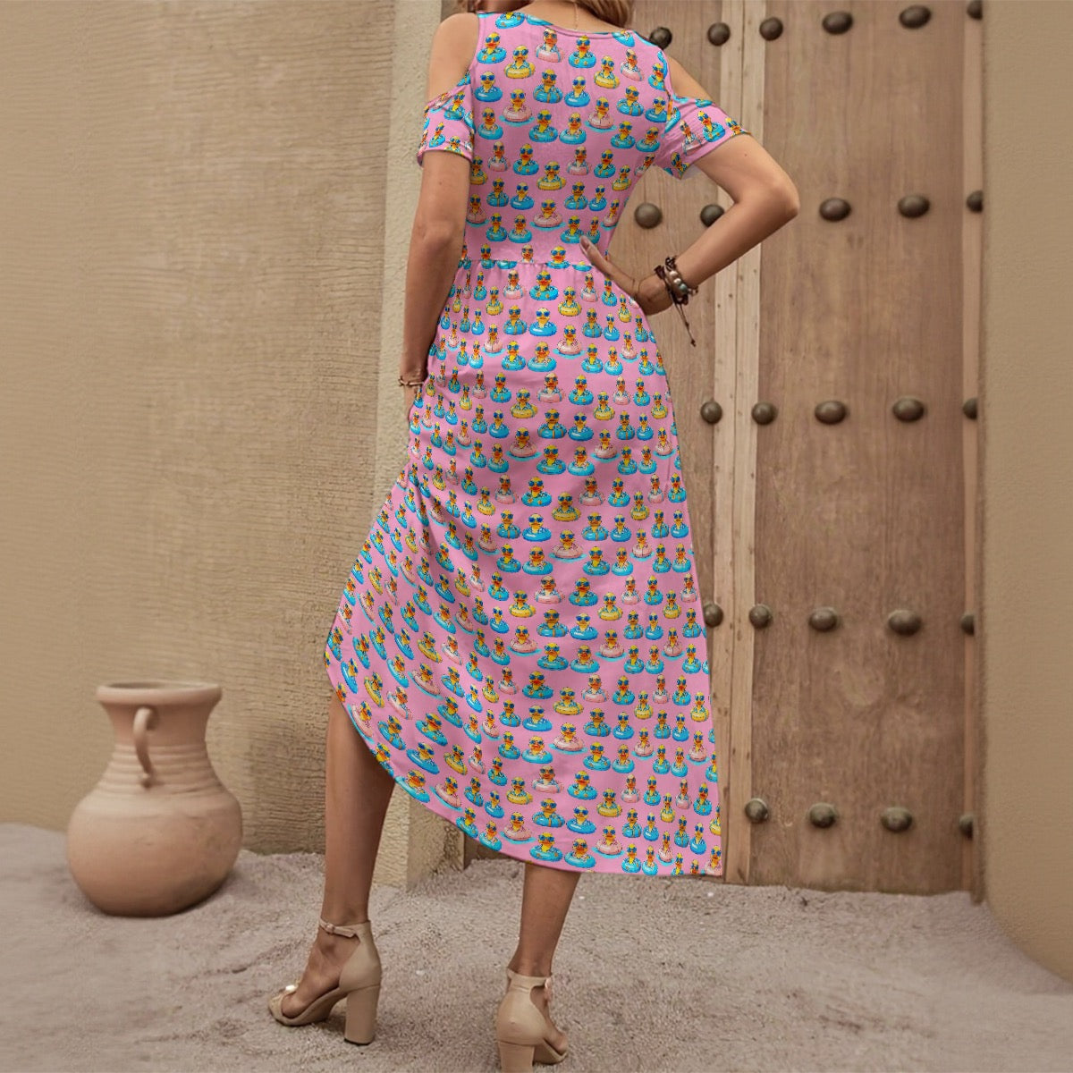 Rubber Duck Print Dress for Women Pink Open Shoulder Pocket Dress Cruise Jeep Outfit