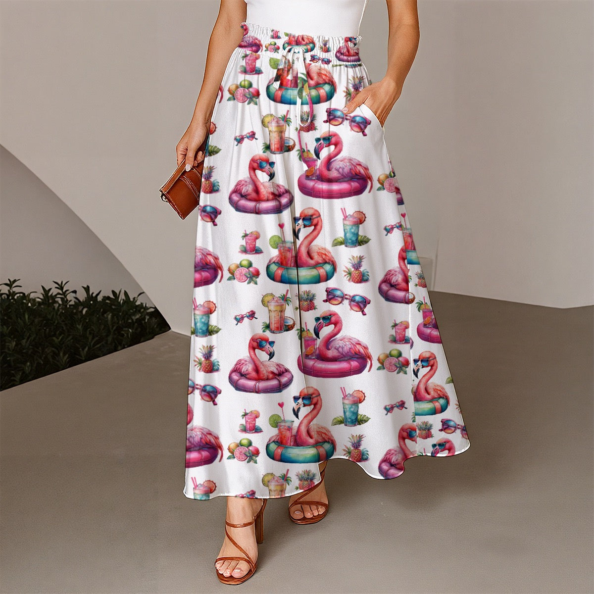Women's Ruffled Wide-Leg Pants with Hot Pink Flamingo Print for Cruises & Vacations