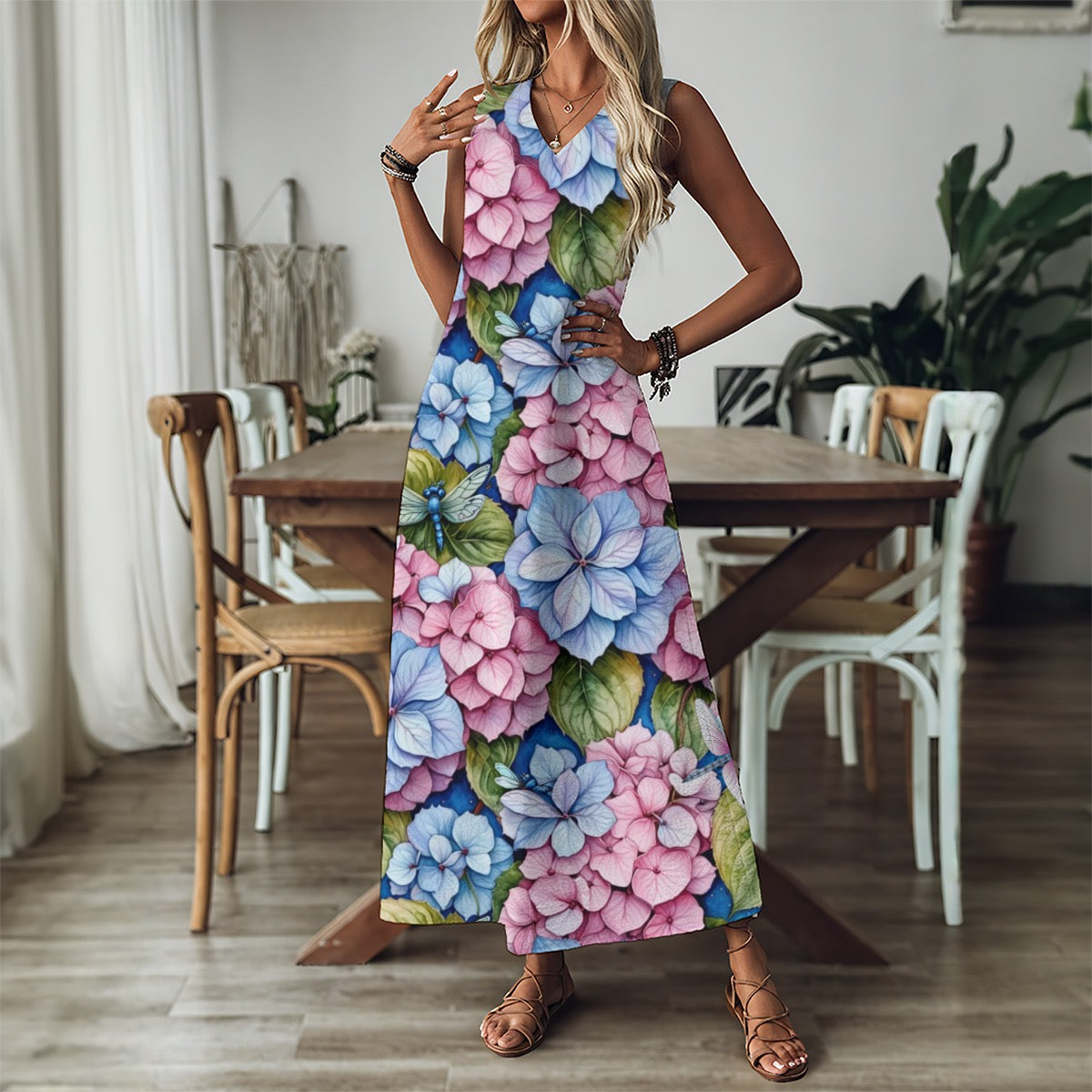 Garden Hydrangeas Dragonfly Flower All-Over Print Women's Gardening Floral V-Neck Long Dress