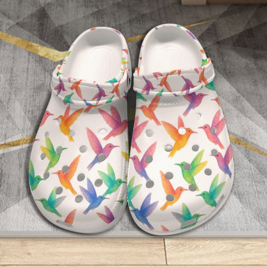 Rainbow Hummingbirds Women's White Rubber Garden Clogs Lightweight Flower Vendor Shoes