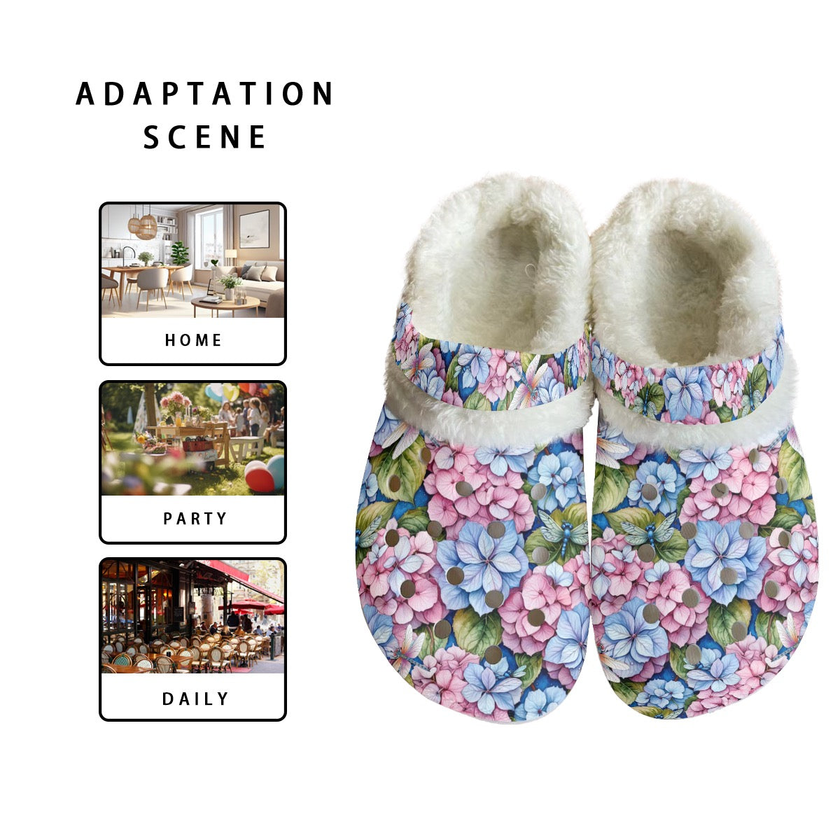 Women's Classic Hydrangea Print Garden Clogs Removable Fleece Lining Anti-Slip Shoes Flower Events