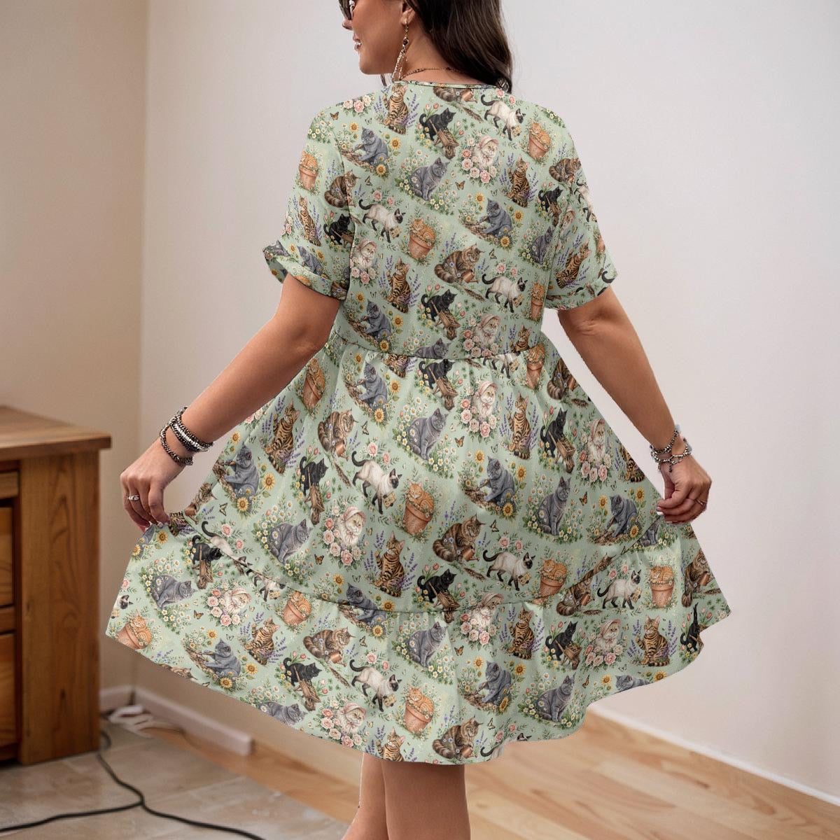 Green Gardening Cats Dress for Women β Cute Cat & Garden Print V-Neck A-Line Dress