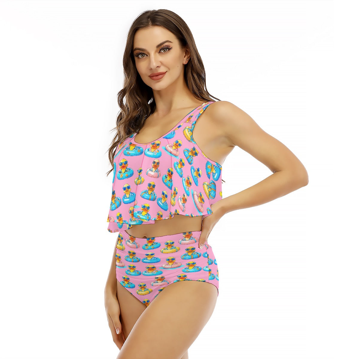 Women's Ruffled Two-Piece Rubber Duck Bikini Swimsuit in Pink with Suspender Top