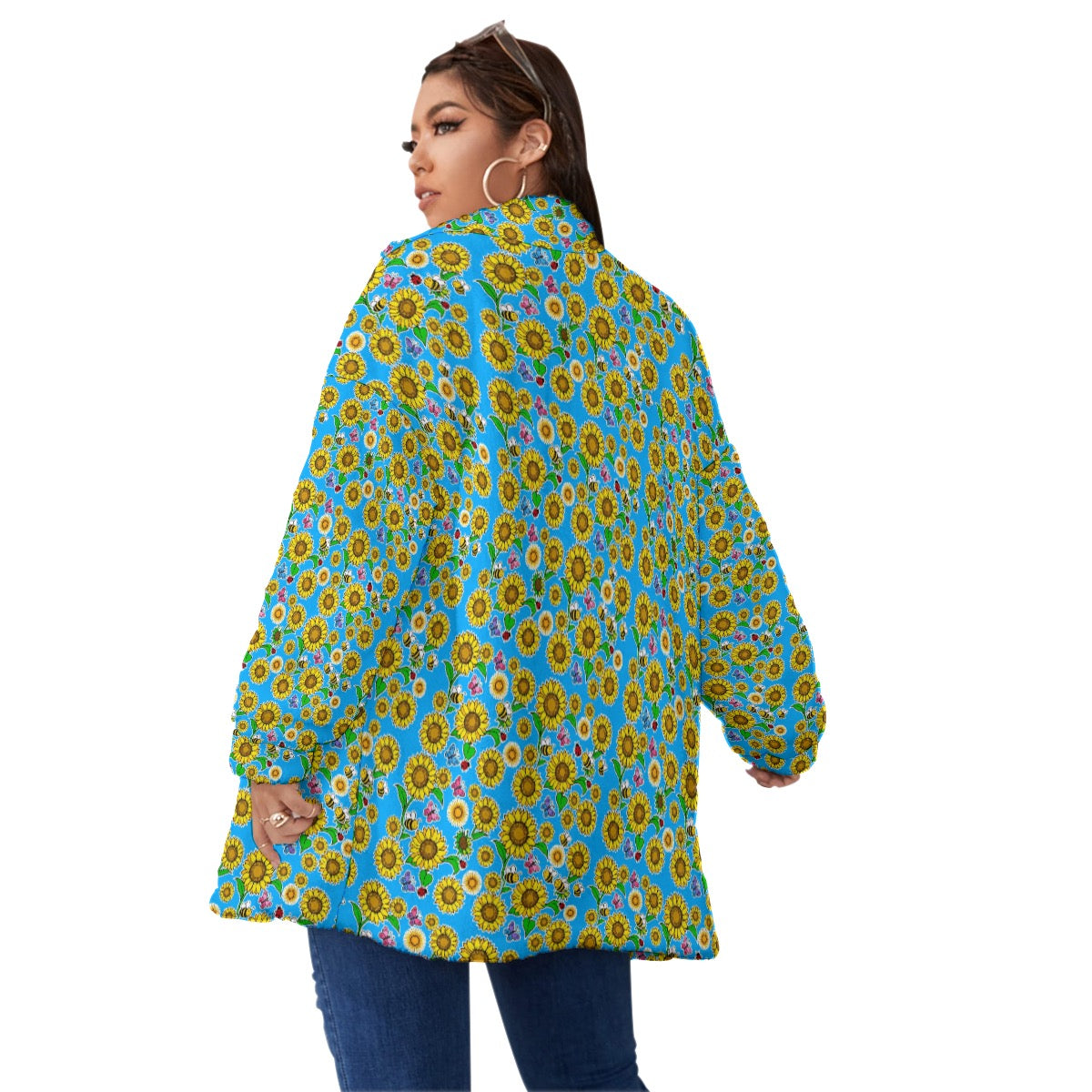 Sky Blue Sunflower Oversized Borg Fleece Coat β Cozy Zip-Up Winter Jacket