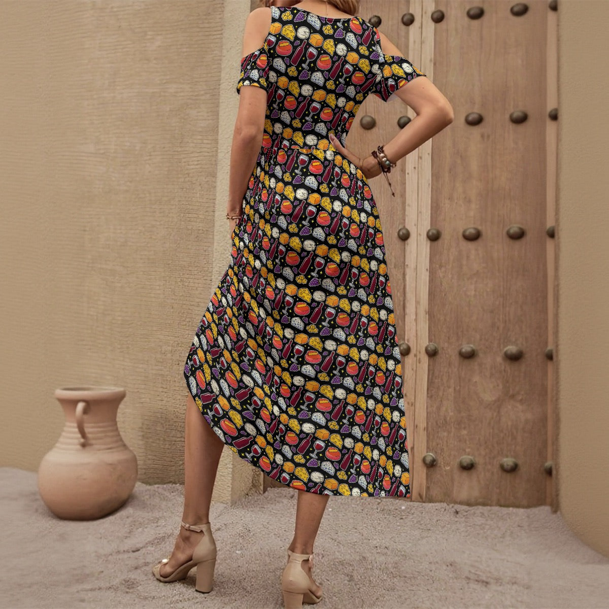Funny Cheese and Wine Dress for Women ā All-Over Print Off-Shoulder V-Neck Dress