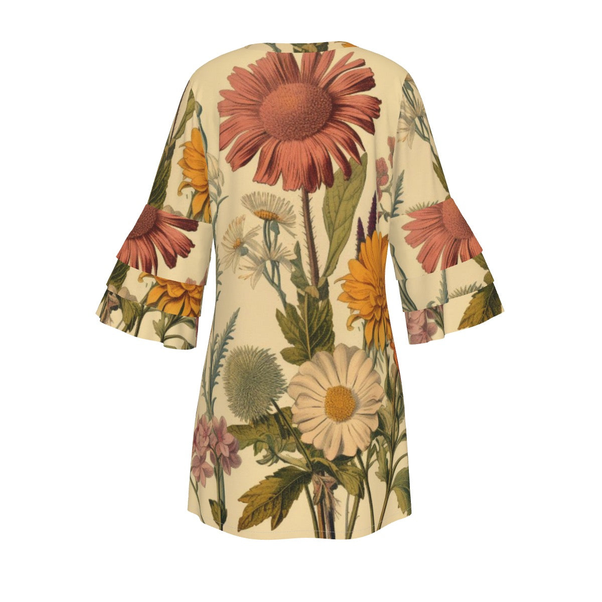 Fall Floral Hippie All-Over Print Women's Stacked Ruffle Sleeve Dress