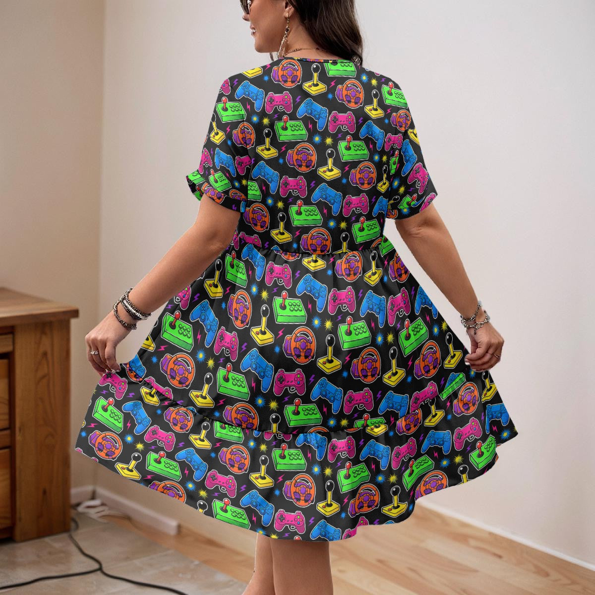 Retro Gaming Controls Dress for Women โ Vintage Gamer V-Neck A-Line Dress