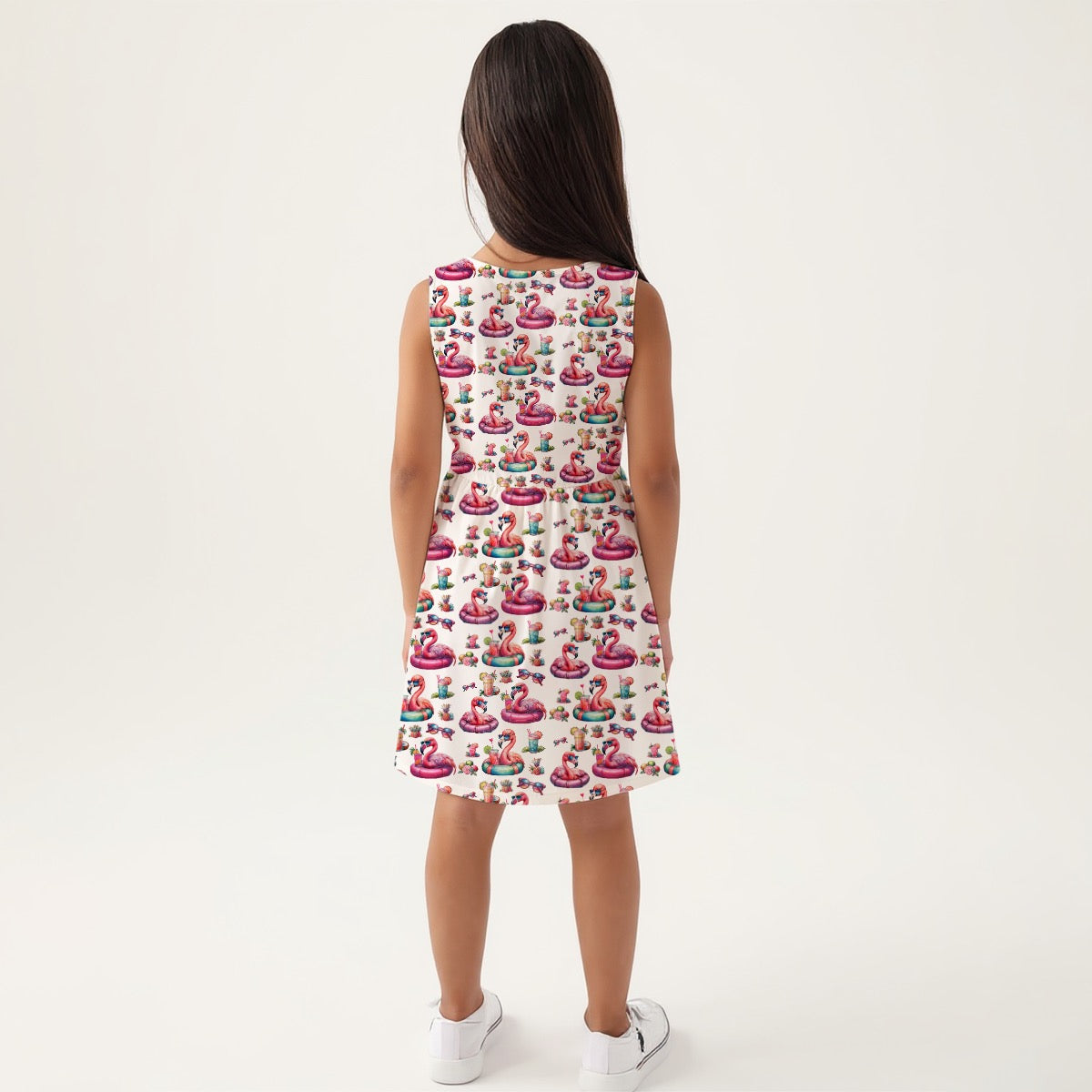 Girls Sleeveless A-Line Dress with Pink Flamingo Pool Party Print, Soft Milk Silk Fabric