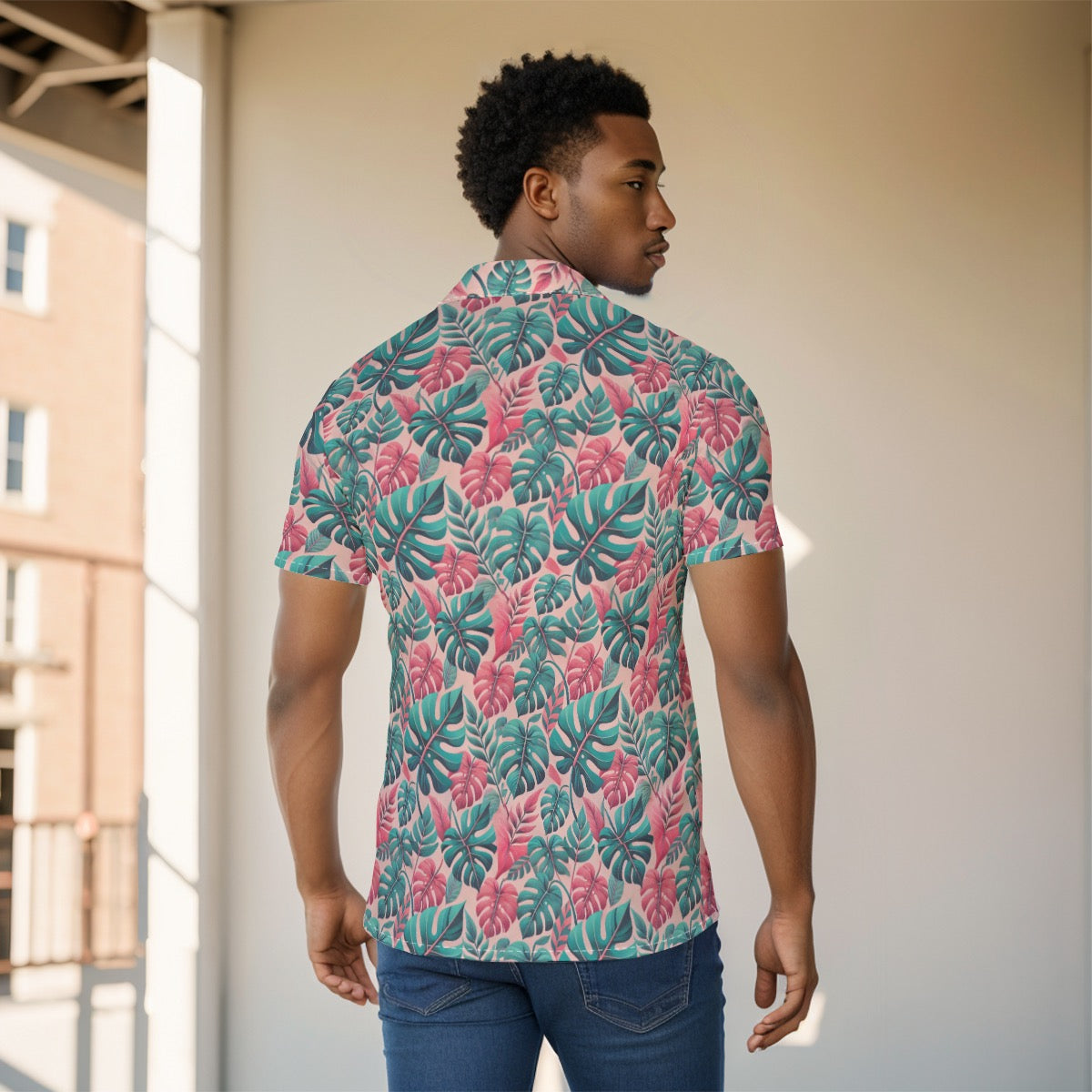 Men's Button-Up Shirt Pink Green Leaf Garden Print Breathable Stretch Fabric