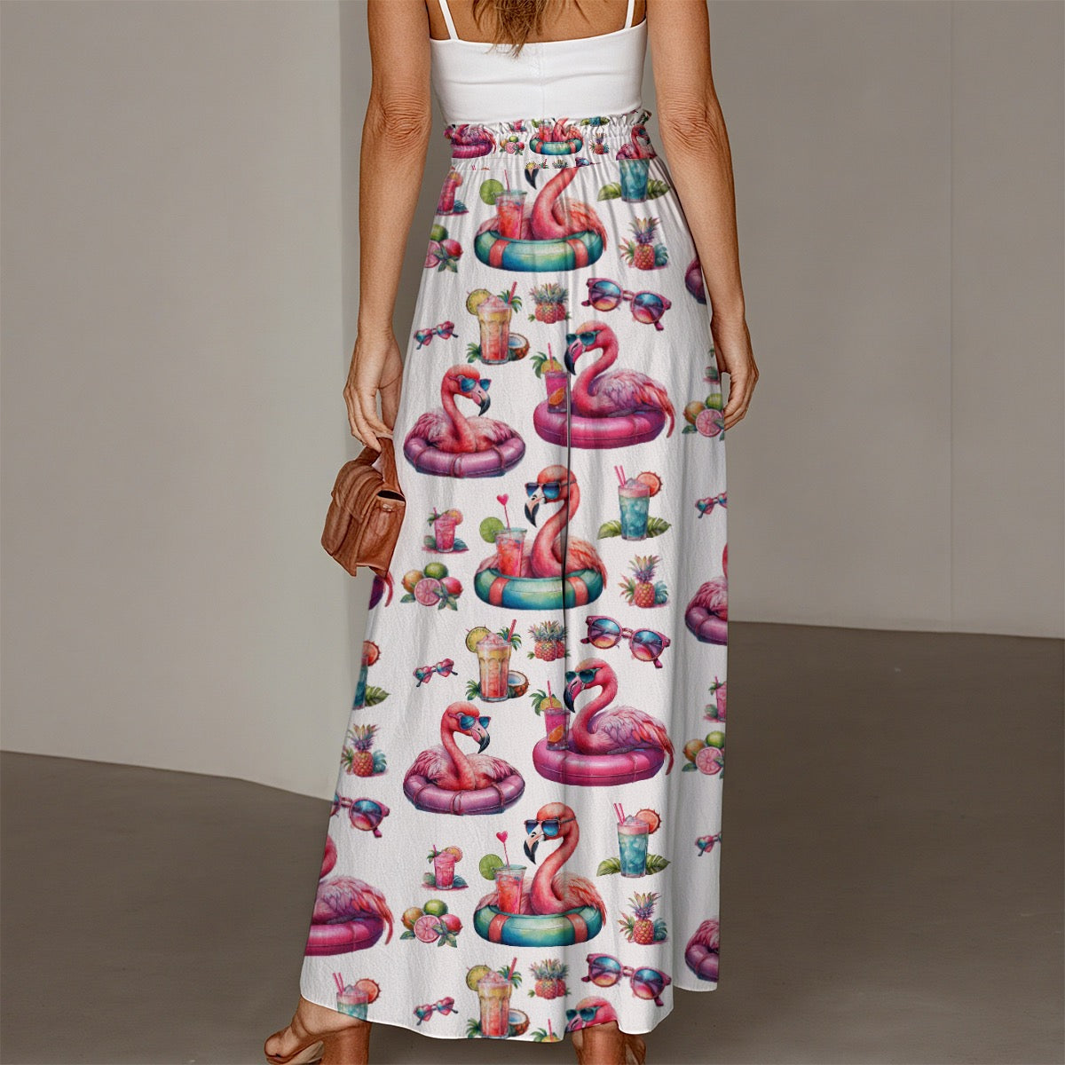 Women's Ruffled Wide-Leg Pants with Hot Pink Flamingo Print for Cruises & Vacations