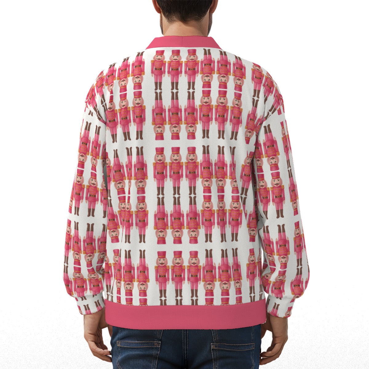 Unisex V-Neck Fleece Cardigan Pink Mustache Nutcracker Print - Warm Winter Ugly Christmas Sweater