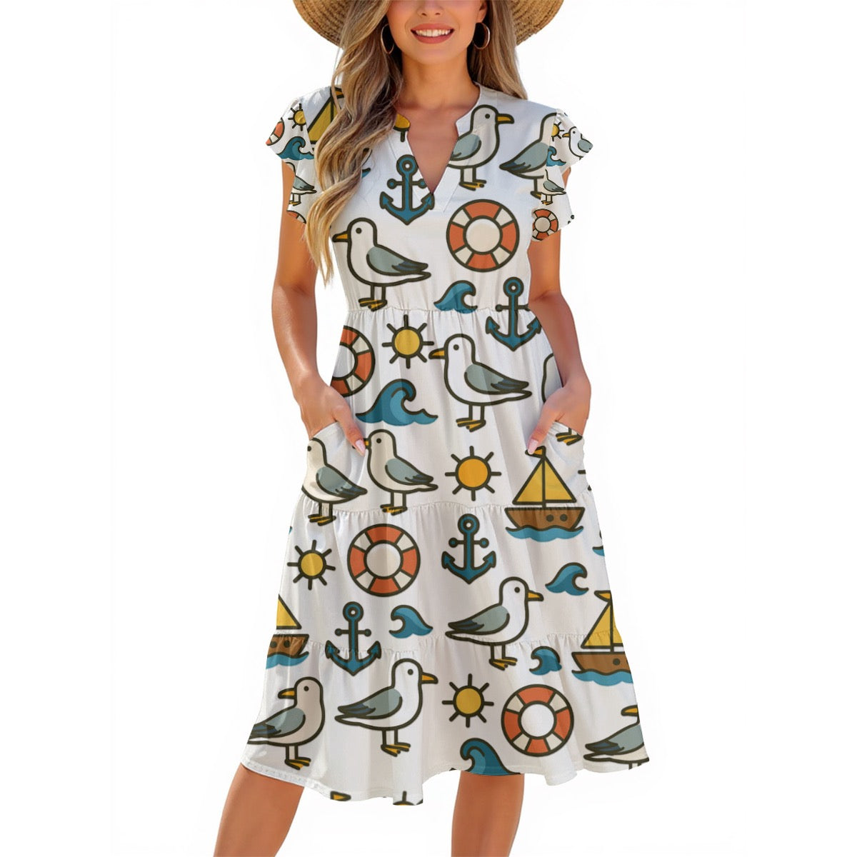 Women's Nautical White Cap Sleeve Midi Dress with Seagulls & Sailboats, Soft Milk Silk Fabric