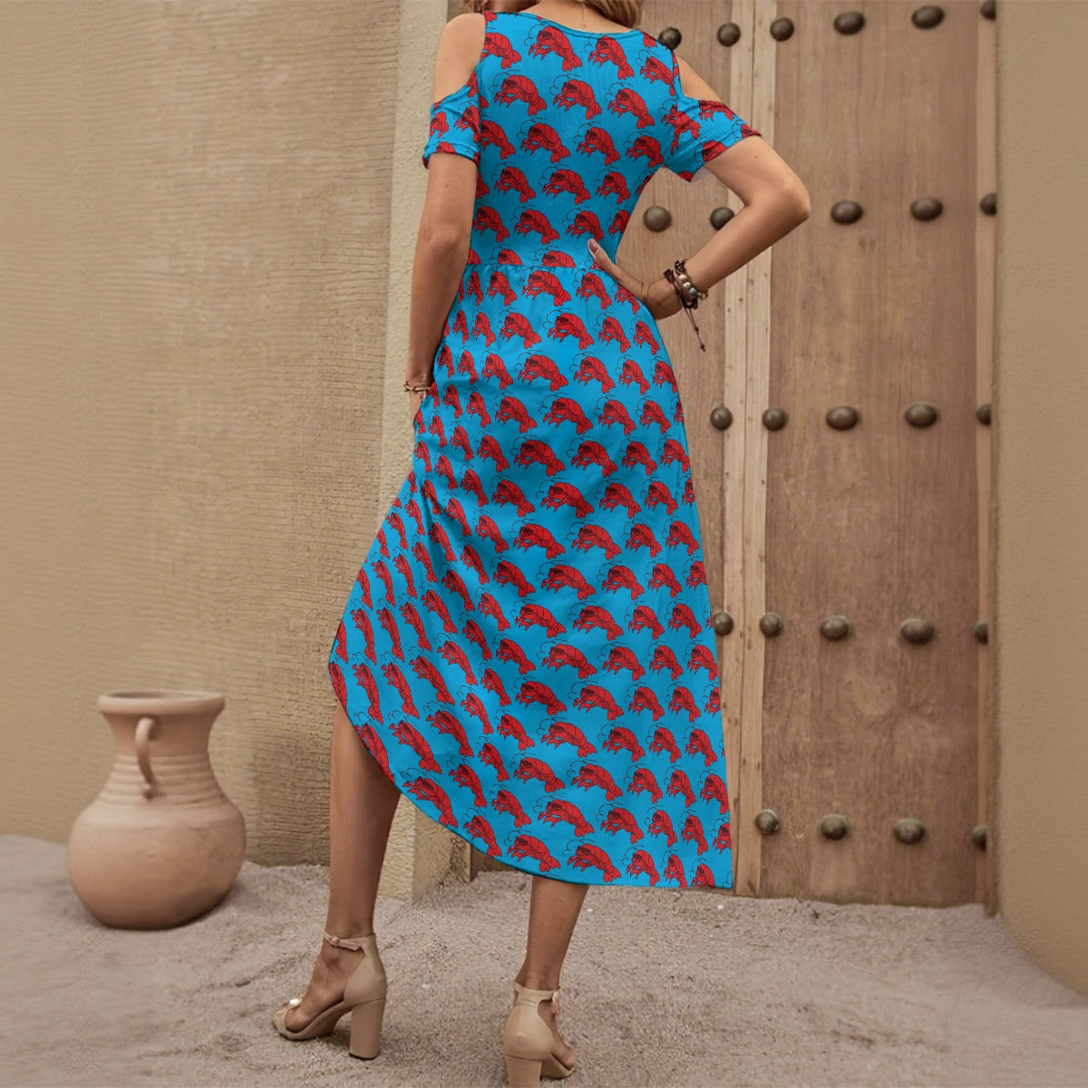 Women's Off-Shoulder Lobster Print Maxi Dress in Blue Nautical Cruise Beach Dress
