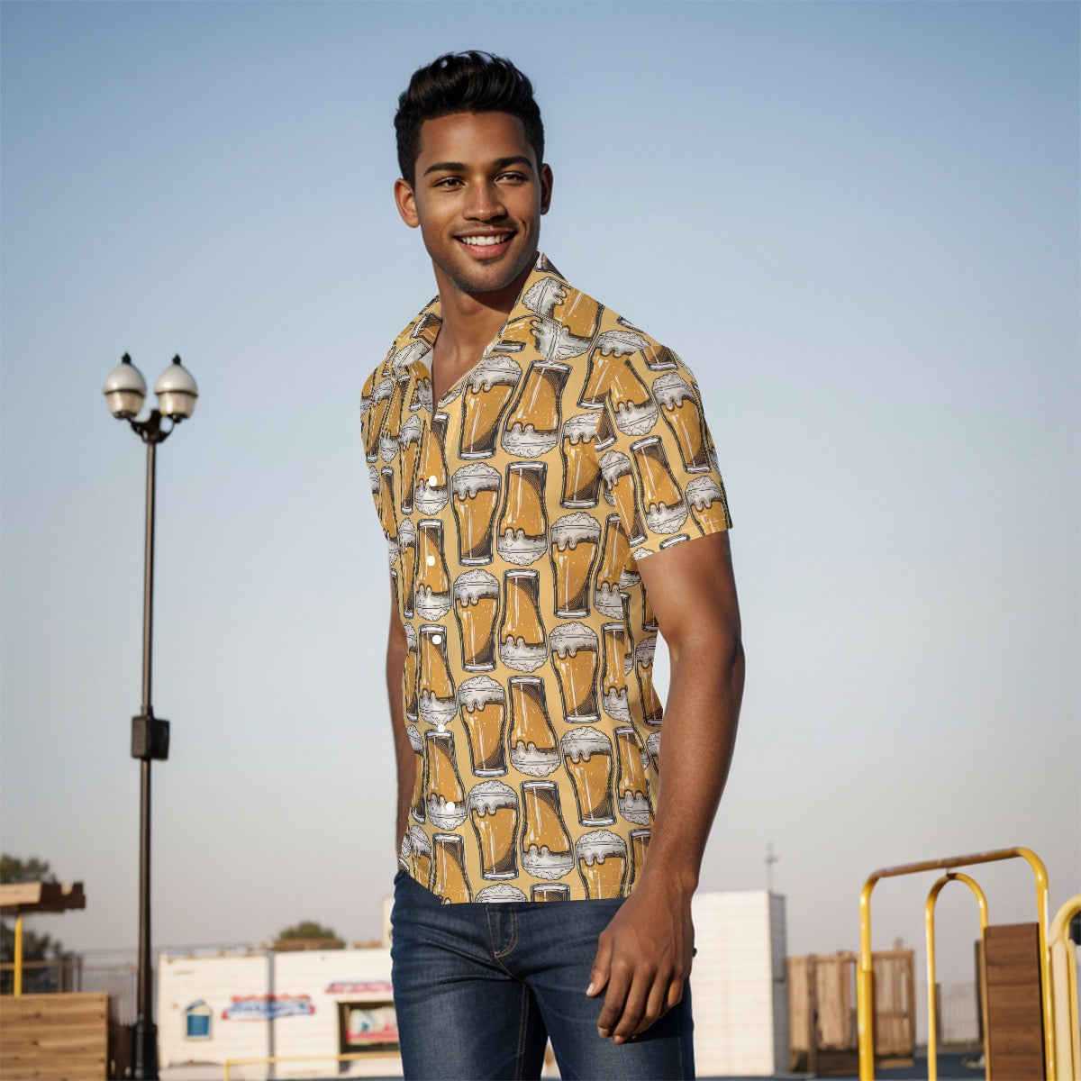Men's Beer Mug Cruise Vacation Pattern Button Up Shirt - Breathable Stretch Fabric