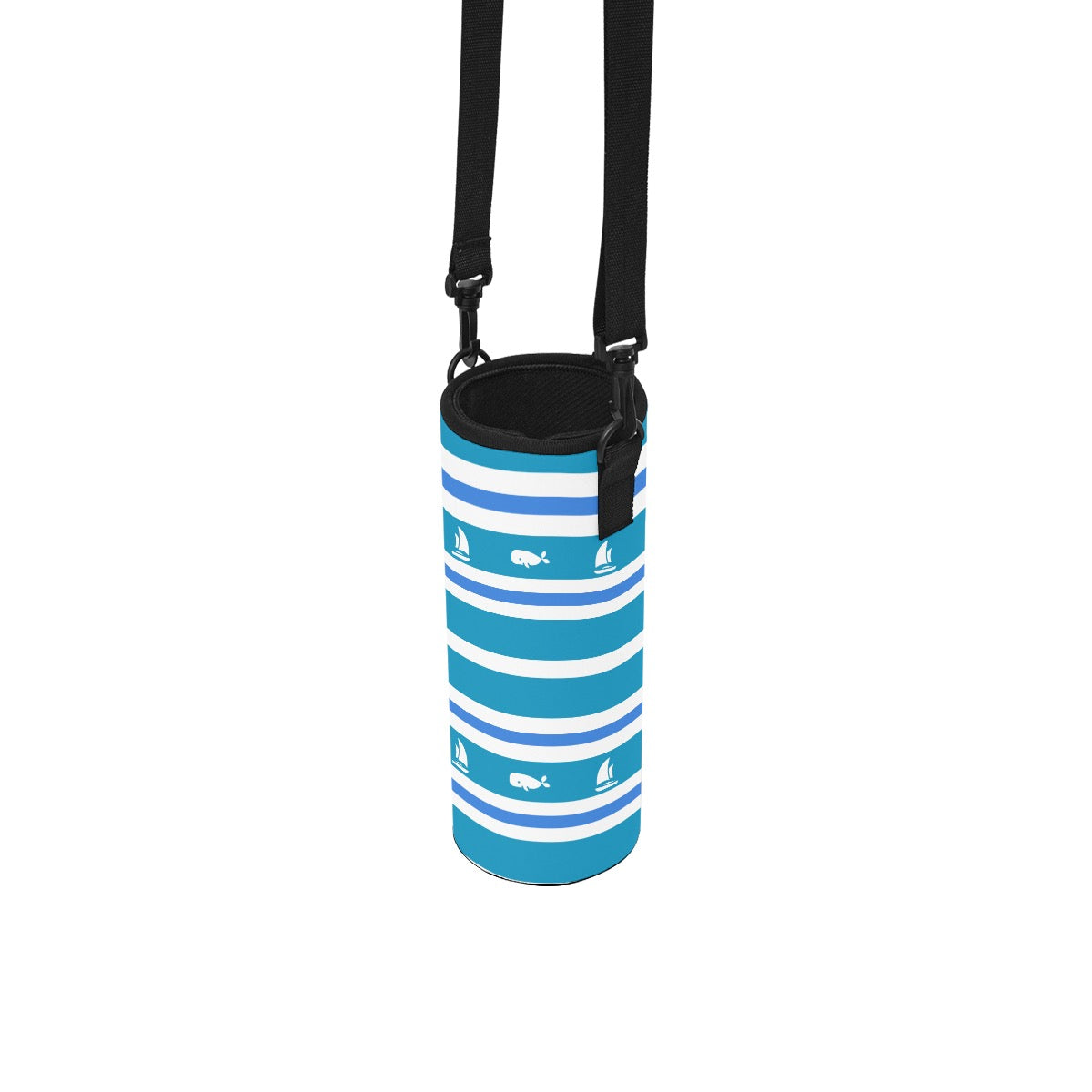 Ocean Blue Whale Water Bottle Sleeve with Strap Nautical Striped Cape Cod Travel Cup Holder