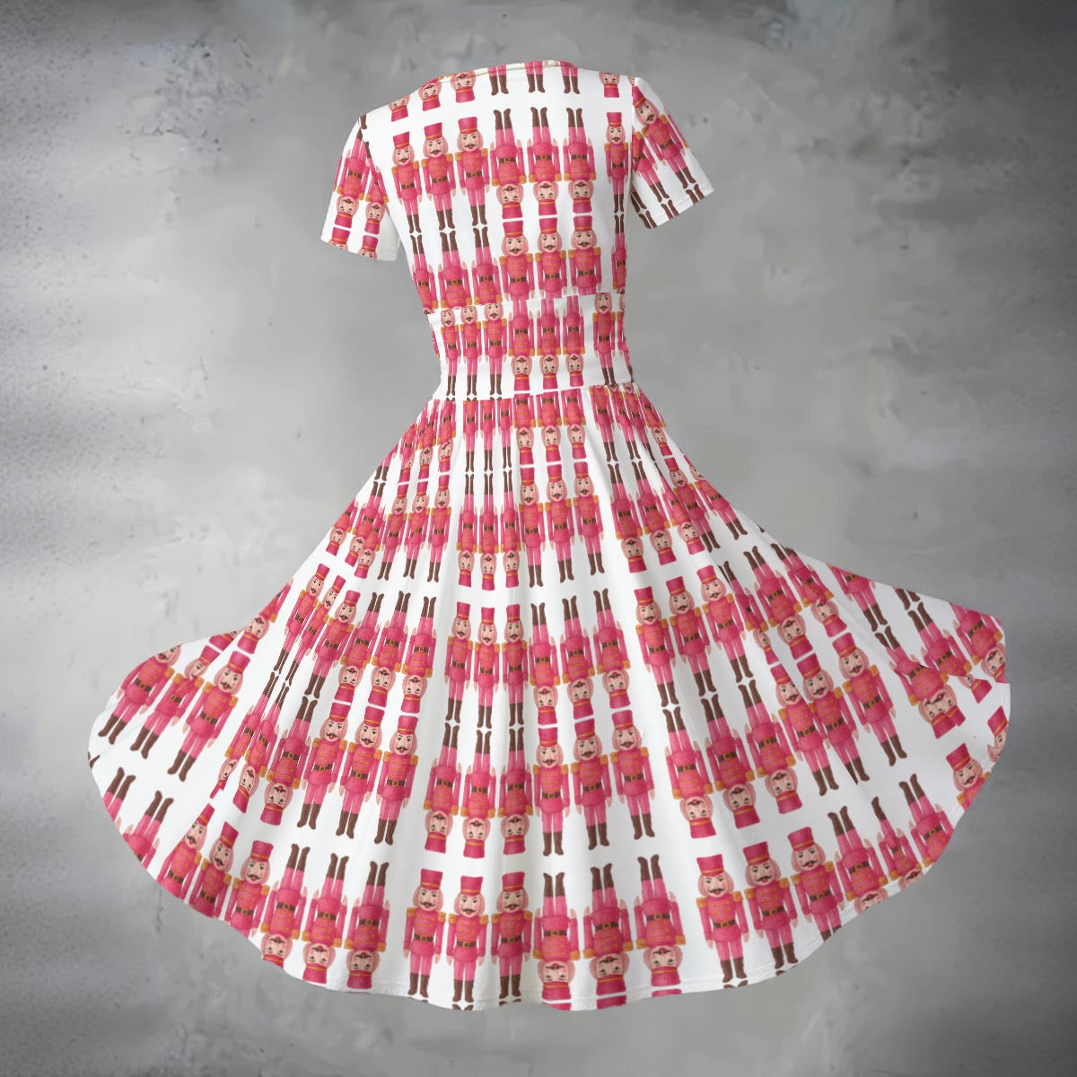 Hot-Pink Nutcracker Print Women's Short Sleeve V-Neck Midi Dress in White Christmas Holiday Fashion