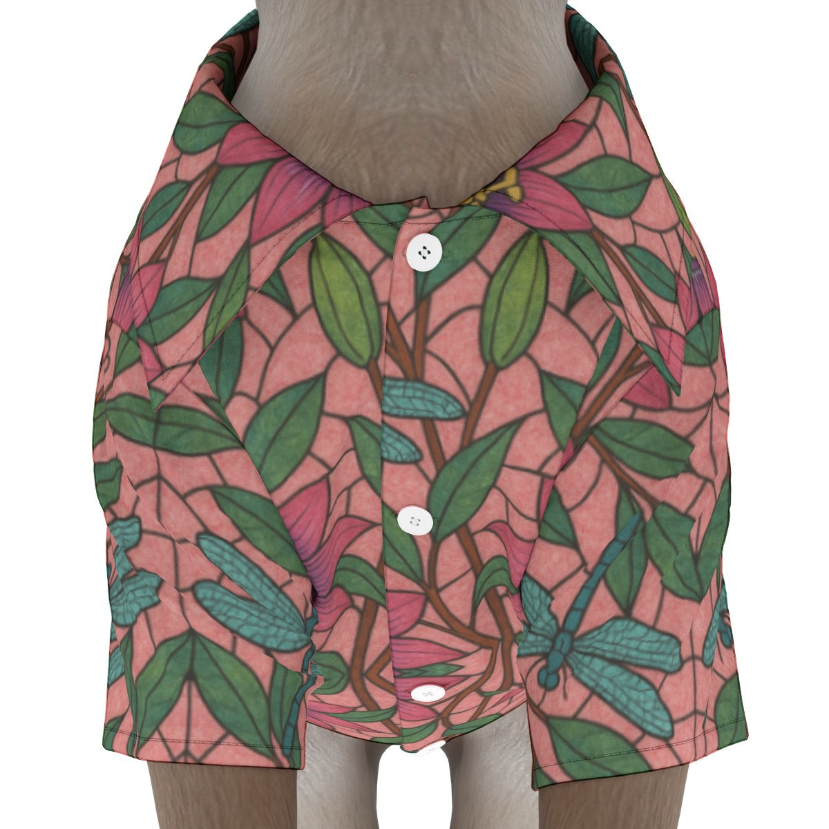 Pet's Hawaiian Shirt Stained Glass Passion Flowers and Dragonflies Print, Breathable Pink Floral