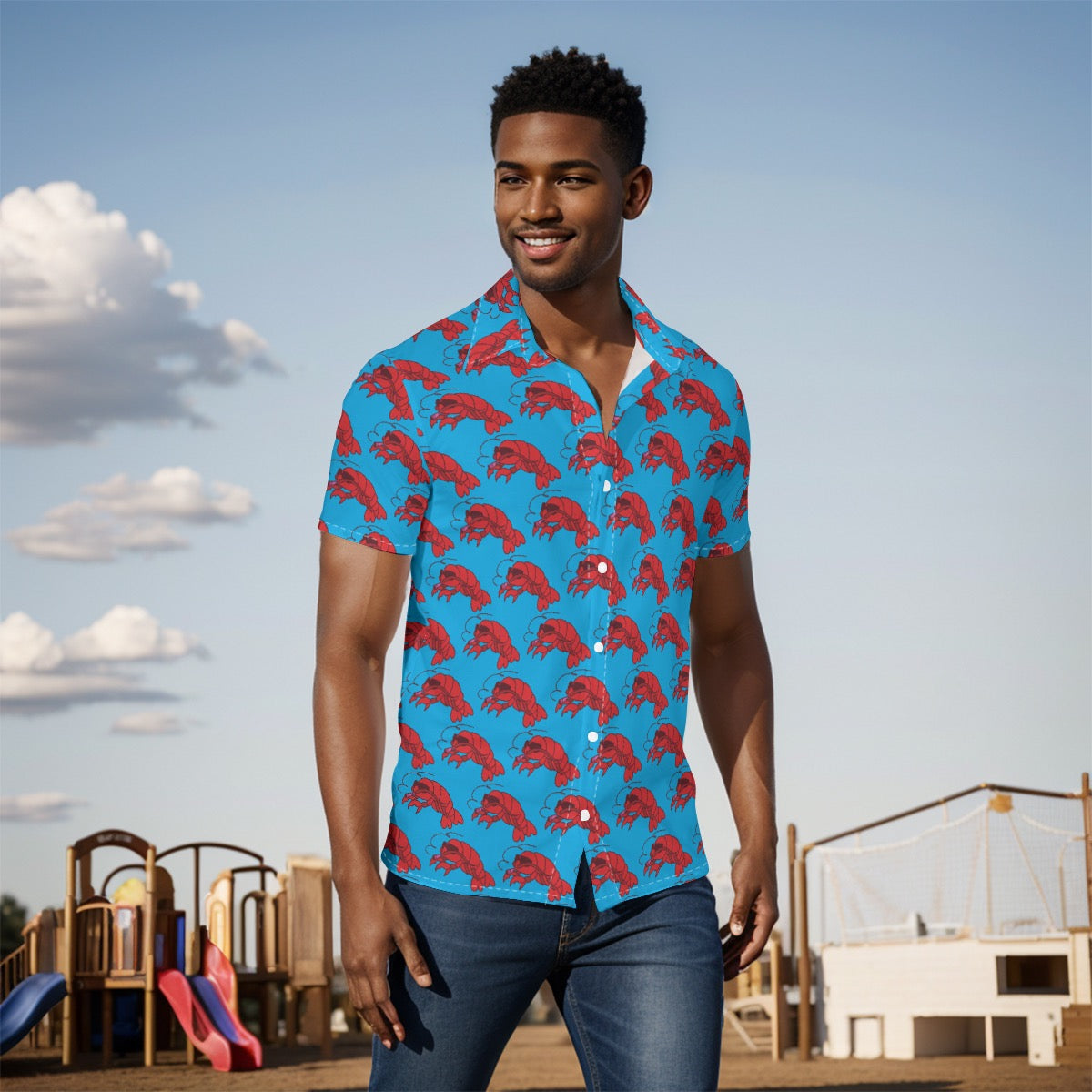 Blue Men's Button-Up Shirt with Smoking Lobster Print - Fun Cruise Style