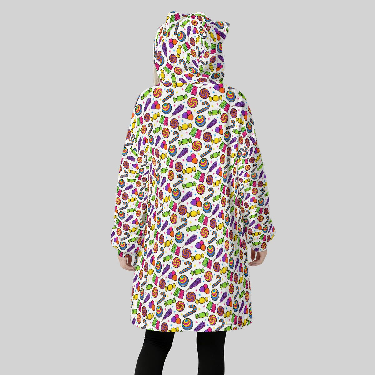 Women's Retro 80s Candy Blanket Hoodie with Cat Ears – Oversized Fleece Wearable Blanket