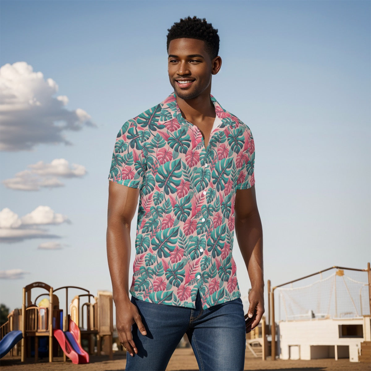 Men's Button-Up Shirt Pink Green Leaf Garden Print Breathable Stretch Fabric