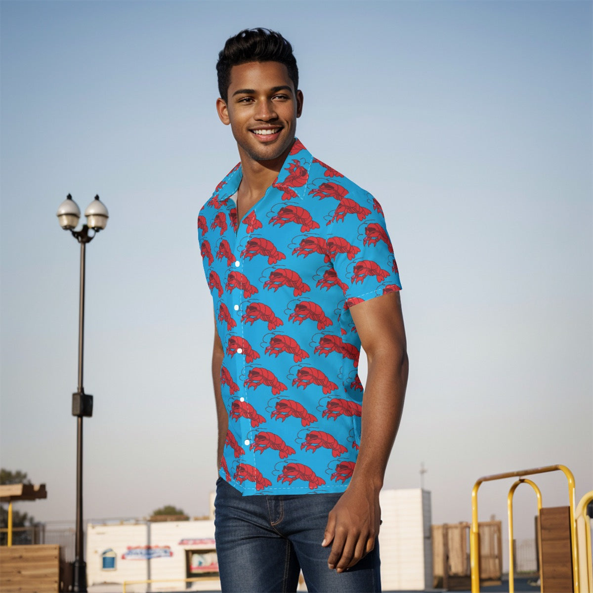 Blue Men's Button-Up Shirt with Smoking Lobster Print - Fun Cruise Style
