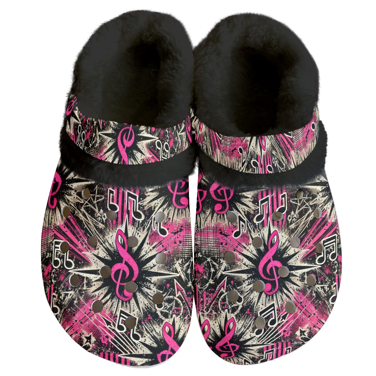 Women's Classic Pink Punk Rock Rockabilly Fleece Clogs Music Notes Design | Anti-Slip EVA